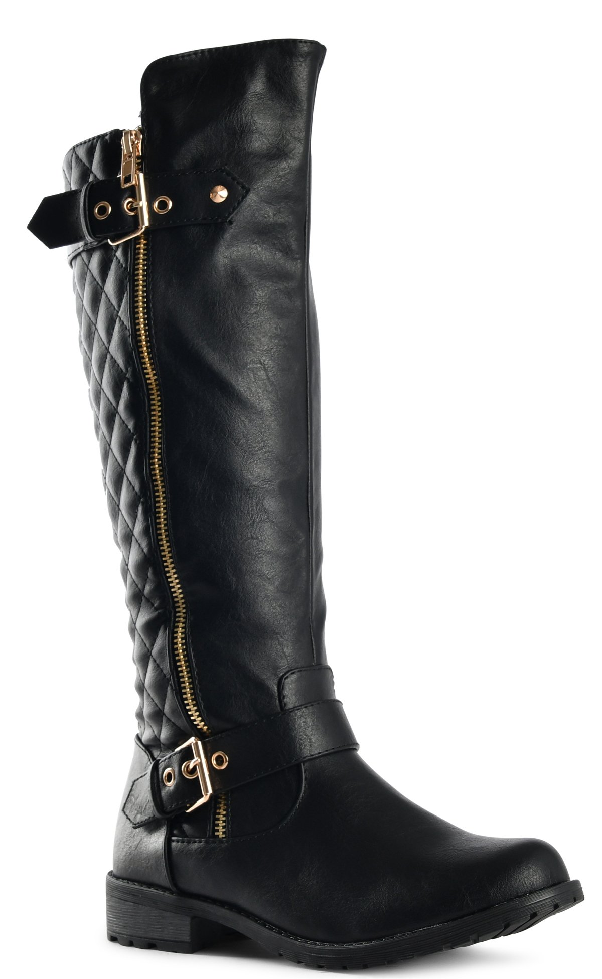 Forever Mango-21 Women's Winkle Back Shaft Side Zip Knee High Flat Riding Boots Black 6.5