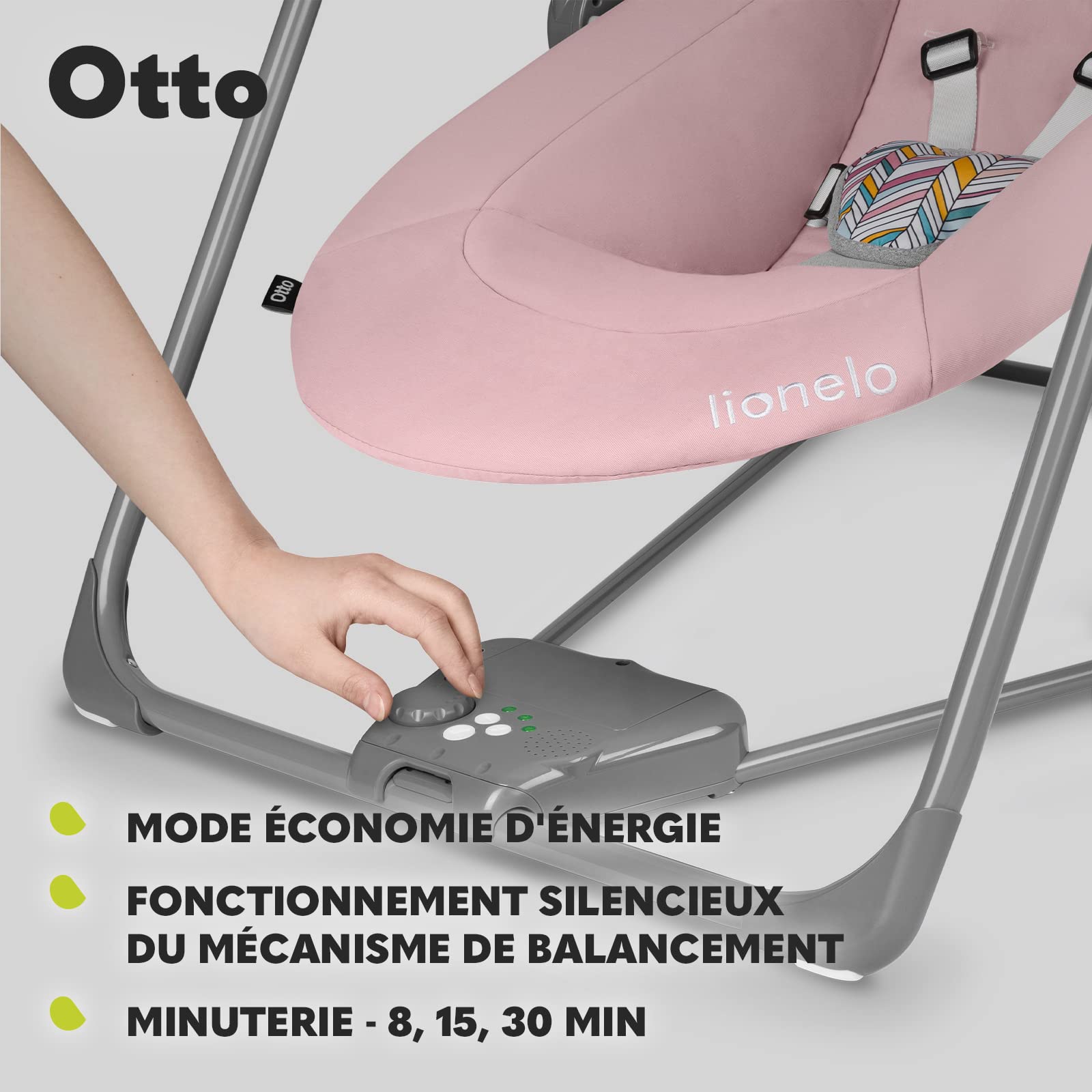 Lionelo OTTO Transat, Bebe Balancelle Bebe jusqu'à 9 kg, Jouets Interactifs | Sons de la Nature, 5 Vitesses de Bercement, Coussin pour la Tête, Fonctionnement Silencieux
