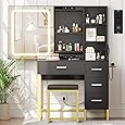 GarveeHome Vanity Desk with Mirror and Lights, Makeup Vanity Desk with Sliding LED Lighted Mirror, Power Outlet, Makeup Vanity Set with 4 Drawers, Storage Shelves, Cushioned Stool for Bedroom (Black)