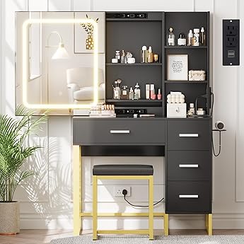 GarveeHome Vanity Desk with Mirror and Lights, Makeup Vanity Desk with Sliding LED Lighted Mirror, Power Outlet, Makeup Vanity Set with 4 Drawers, Storage Shelves, Cushioned Stool for Bedroom (Black)