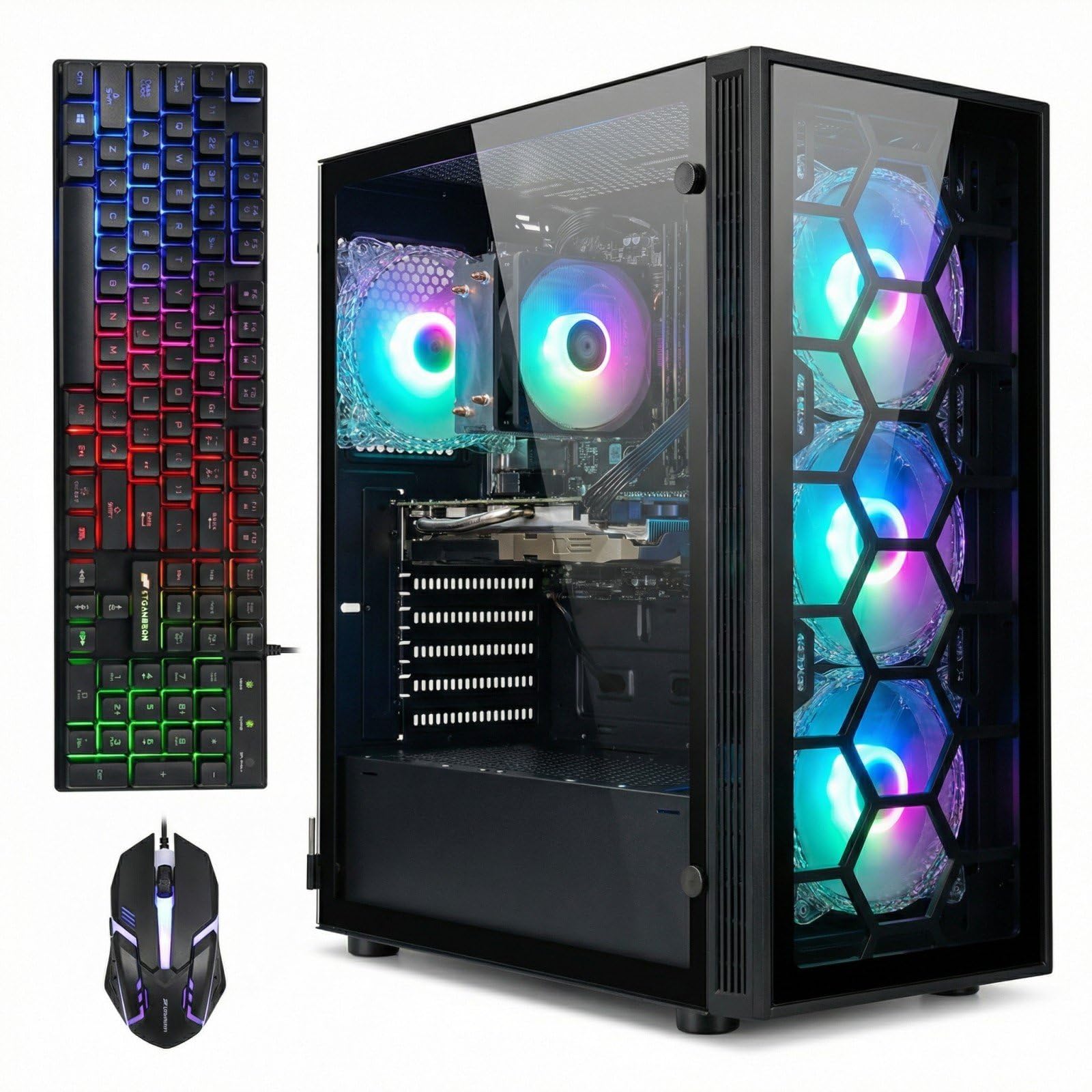 STGAubron Gaming PC Desktop, AMD Ryzen 5 2600 up to 3.9G, Radeon RX 580 16G, 16G DDR4, 512G SSD, 600M WiFi, BT 5.0, RGB Fan x6, Windows 11 Home
