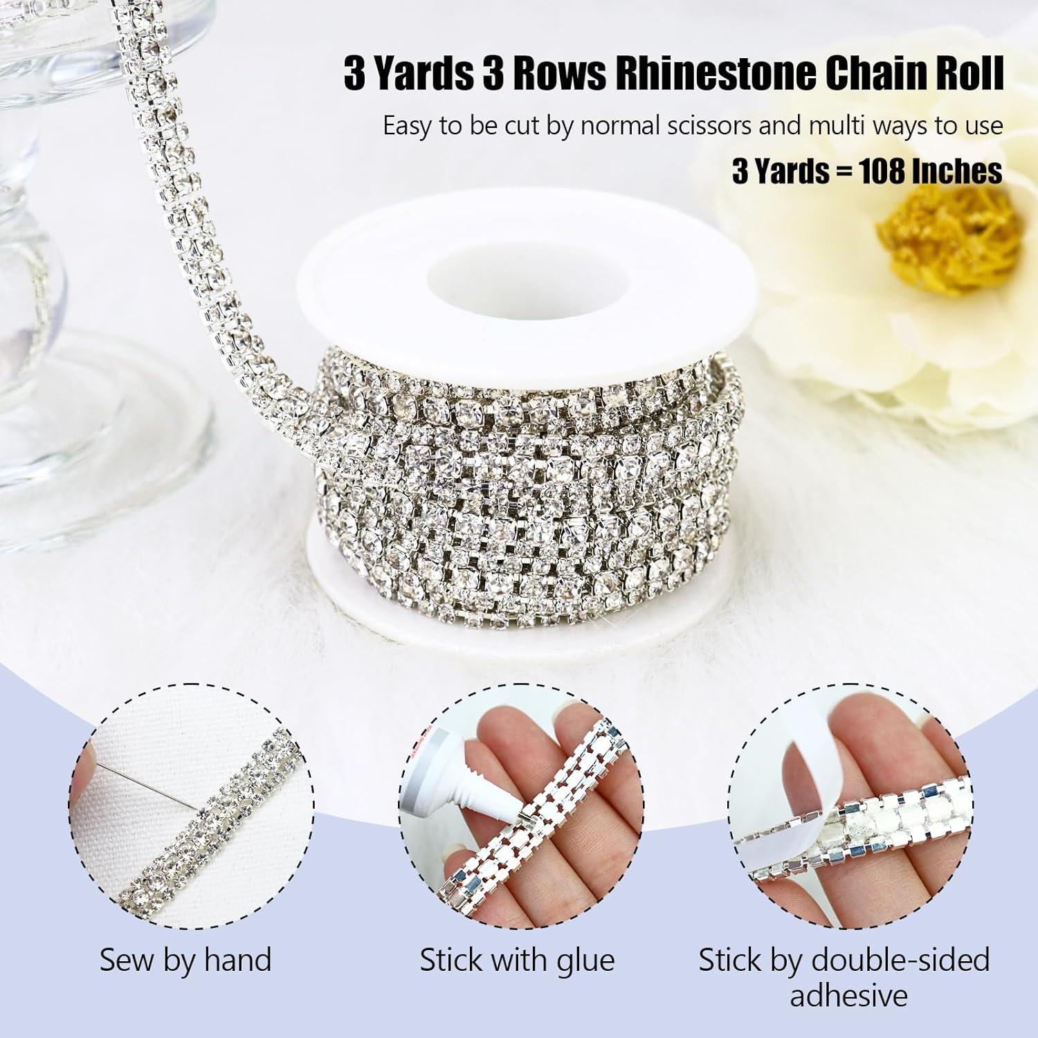 3 Yards 3 Rows Crystal Rhinestone Chain Trim for Crafts, Silver Crystal Rhinestone Close Chain for Jewelry Making, Wedding Cake, Bouquet, Clothes, DIY Crocs, Cups, Rhinestone Sewing Trim