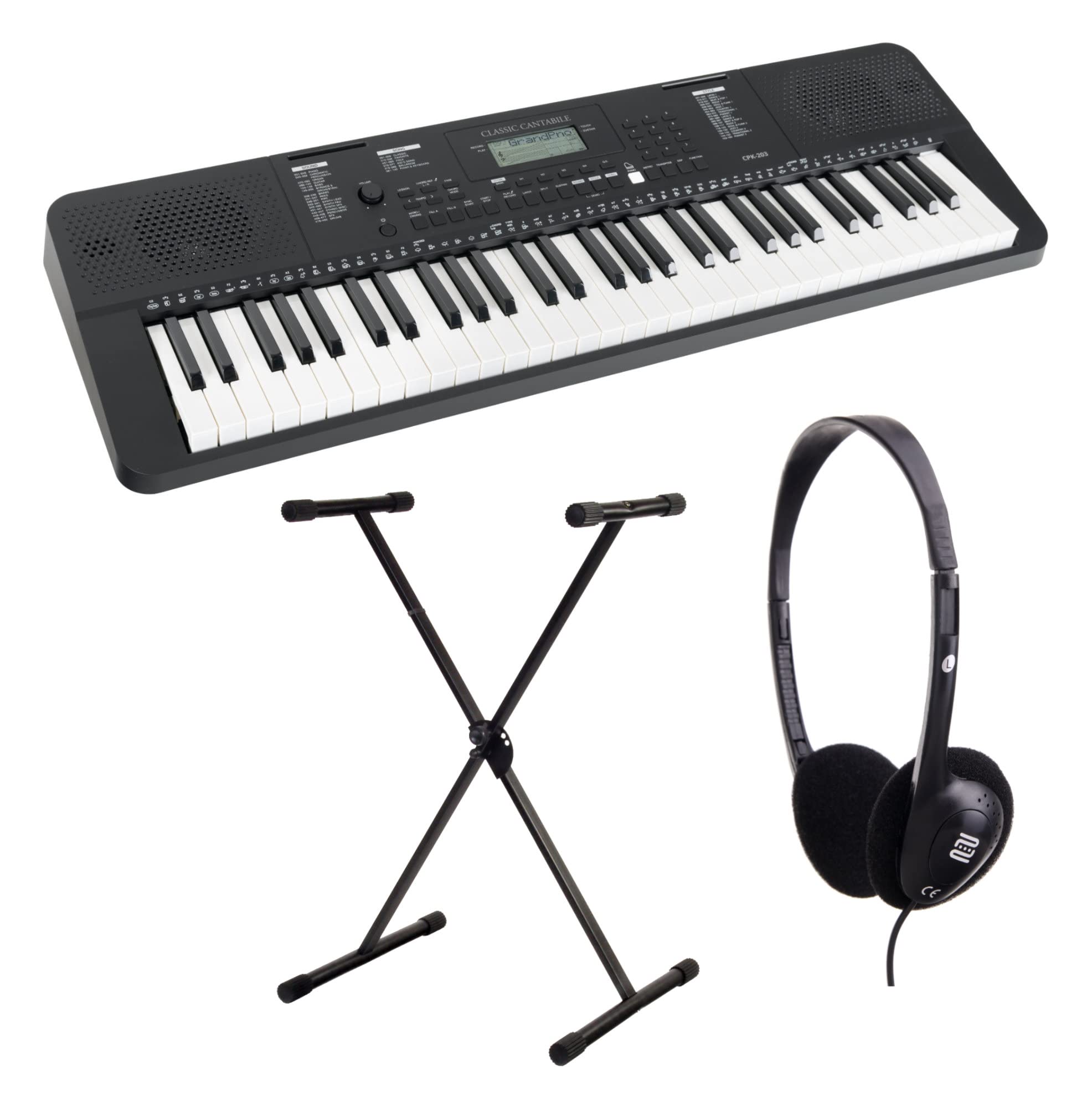 Classic Cantabile CPK-203 Keyboard Set inkl. Ständer und Kopfhörer - 61 Tasten mit Anschlagdynamik - 480 Klänge und 160 Begleitrhythmen - Anschlüsse für Kopfhörer, Mikrofon & Sustain-Pedal - Schwarz