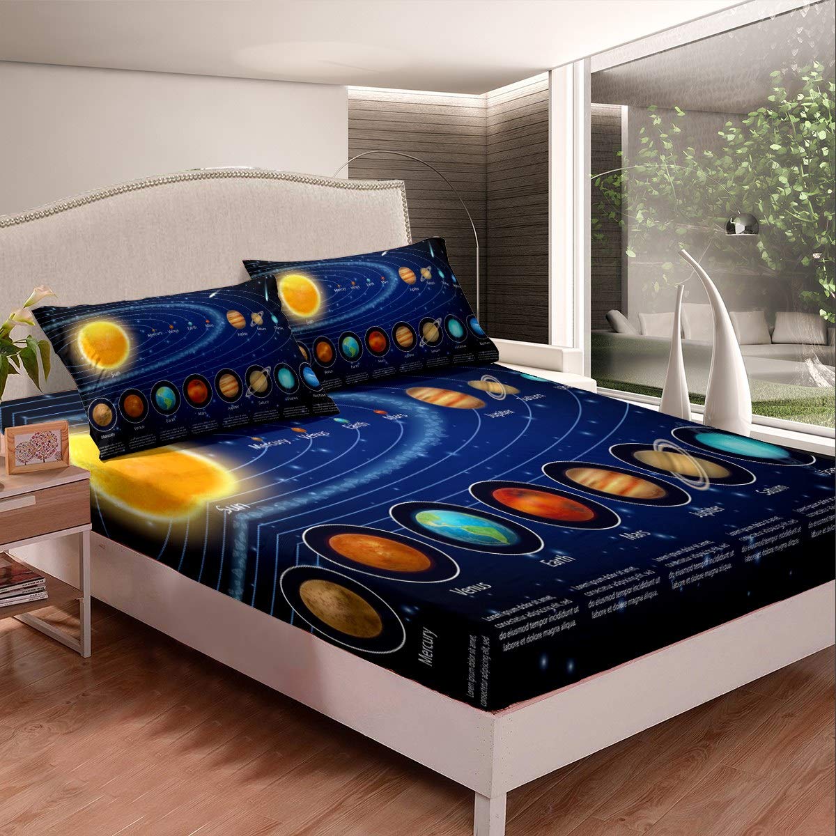 Feelyou Solar System Bed Sheet Set Galaxy Outer Space Sheets for Kids Boys Girls Universe Planets Bedding Set Astronomy Fitted Sheet Bedroom Collection 2Pcs Twin Size