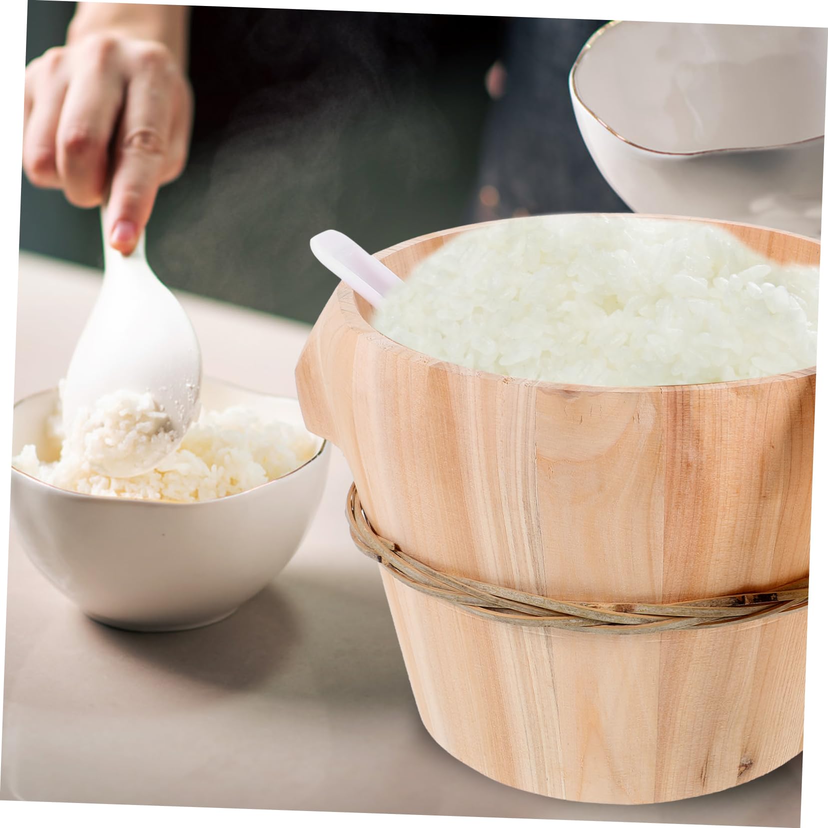 Vaporera de Arroz de Madera Natural, Cubo Artesanal para Cocinar al Vapor