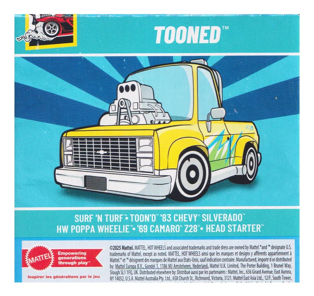 Hot Wheels Car 2025 Tooned Pack of 5 (Surd N Turf, Toon'd 83 Chevy