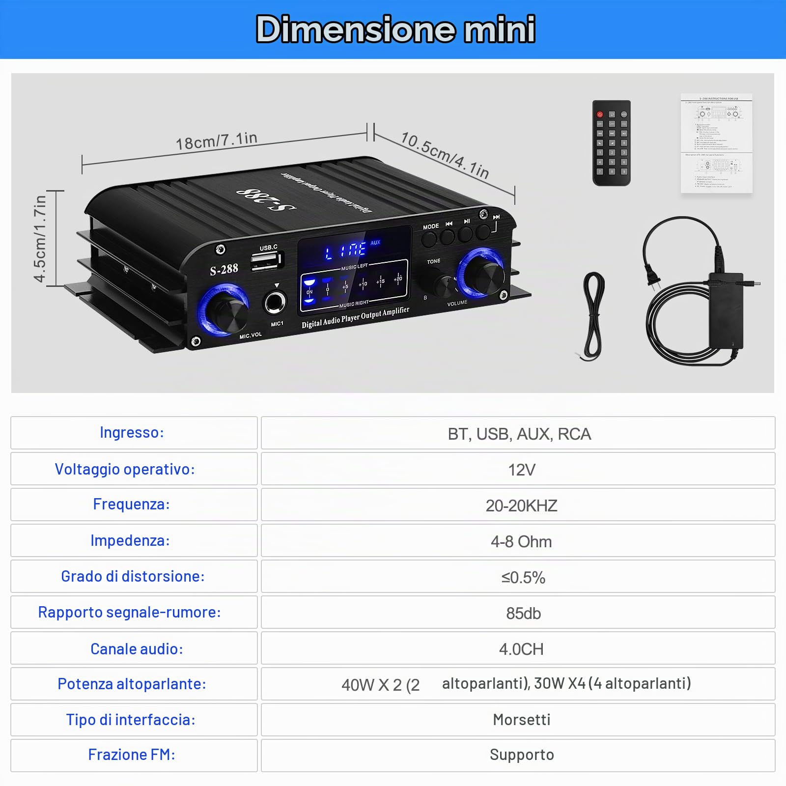 Amplificatore Audio, S-288 600W Mini Bluetooth Hifi Stereo Audio Amplificatore Ricevitore 12V/220V 4 Canali Stereo Casa di Potenza Digitale w/Display LCD,Radio FM,BT,Ingresso USB,per Casa o Auto