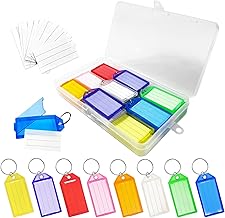 Redamancy 20 Pack Key Tags with Labels, Plastic Write On Key Fobs in 8 Colours with Protective Window, Keyring Tags for Office Home and Travel Organisation