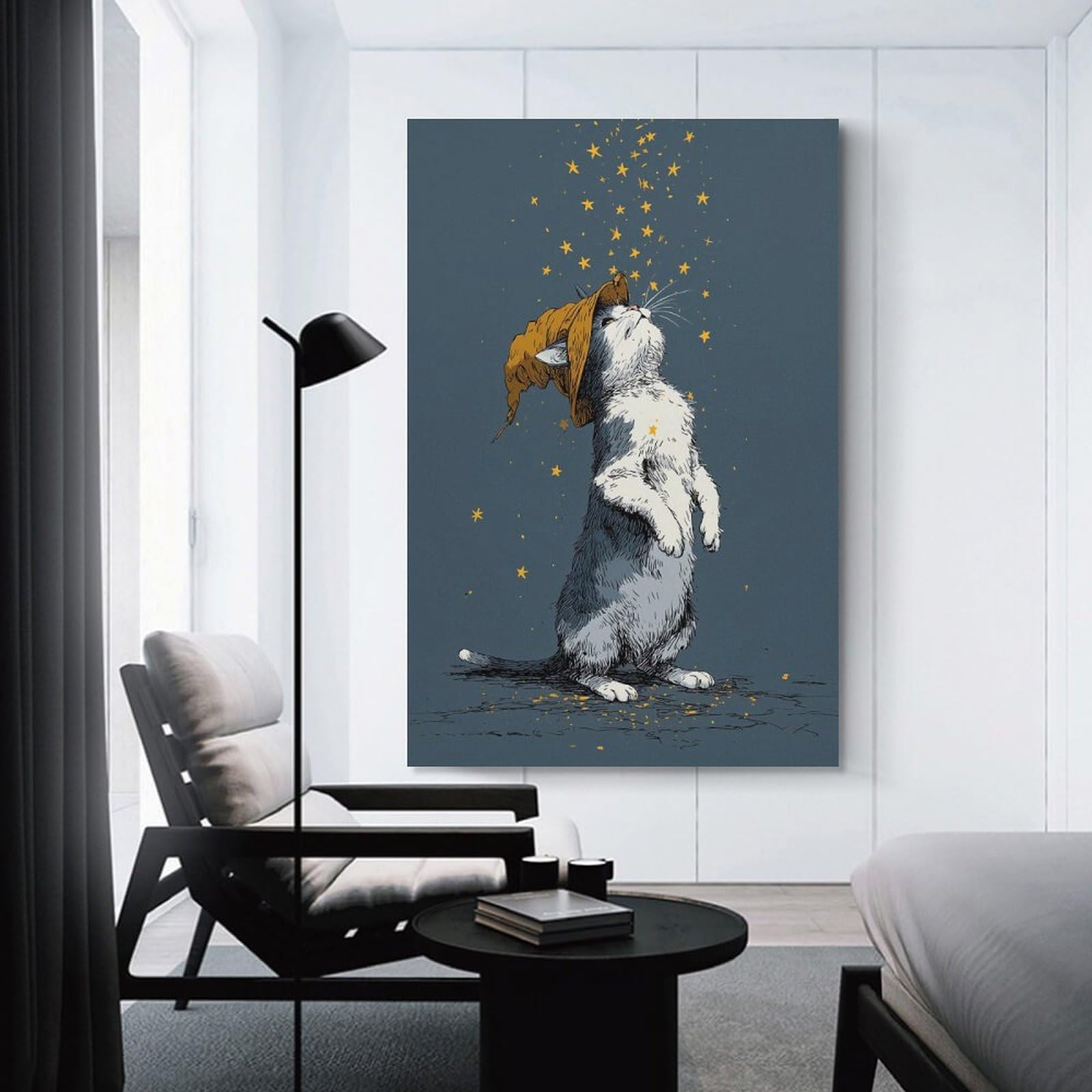 Junmoney Wall Art Print Wizard Cat with Stars, 12x18inch(30x45cm), for Hallway, Bedroom Or Modern Interiors, Thoughtful Wall Decor for Art Lovers