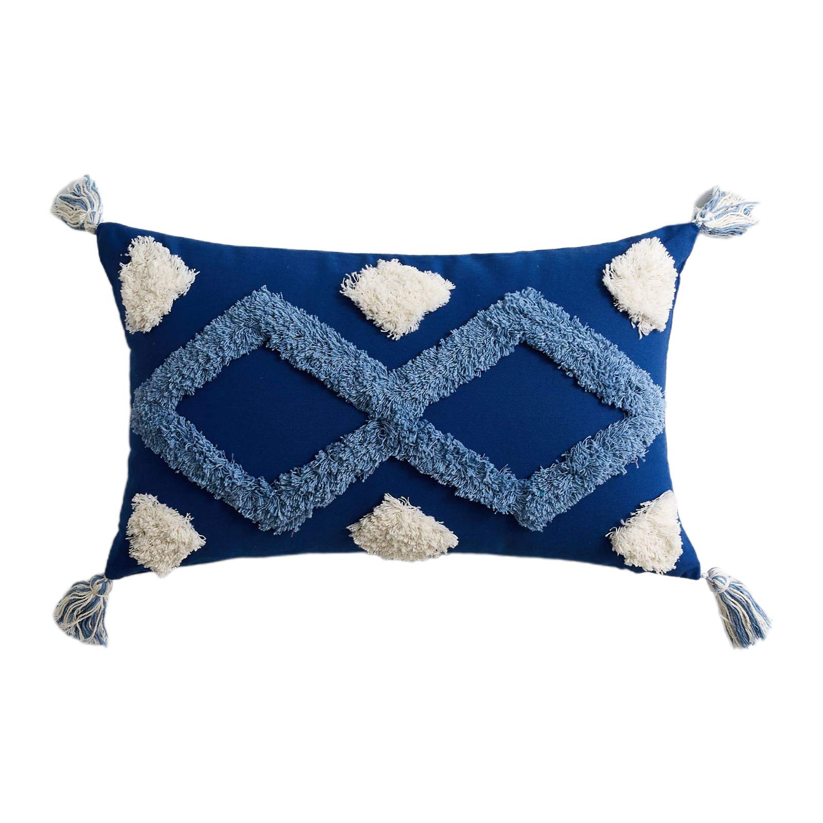Buxuaaaa 30x50cm Morocco Lumbar Throw Pillow for Case White Blue Geometric Pattern Woven Tufted Tassels Rectangle Cushion Decorative Cushion Cover