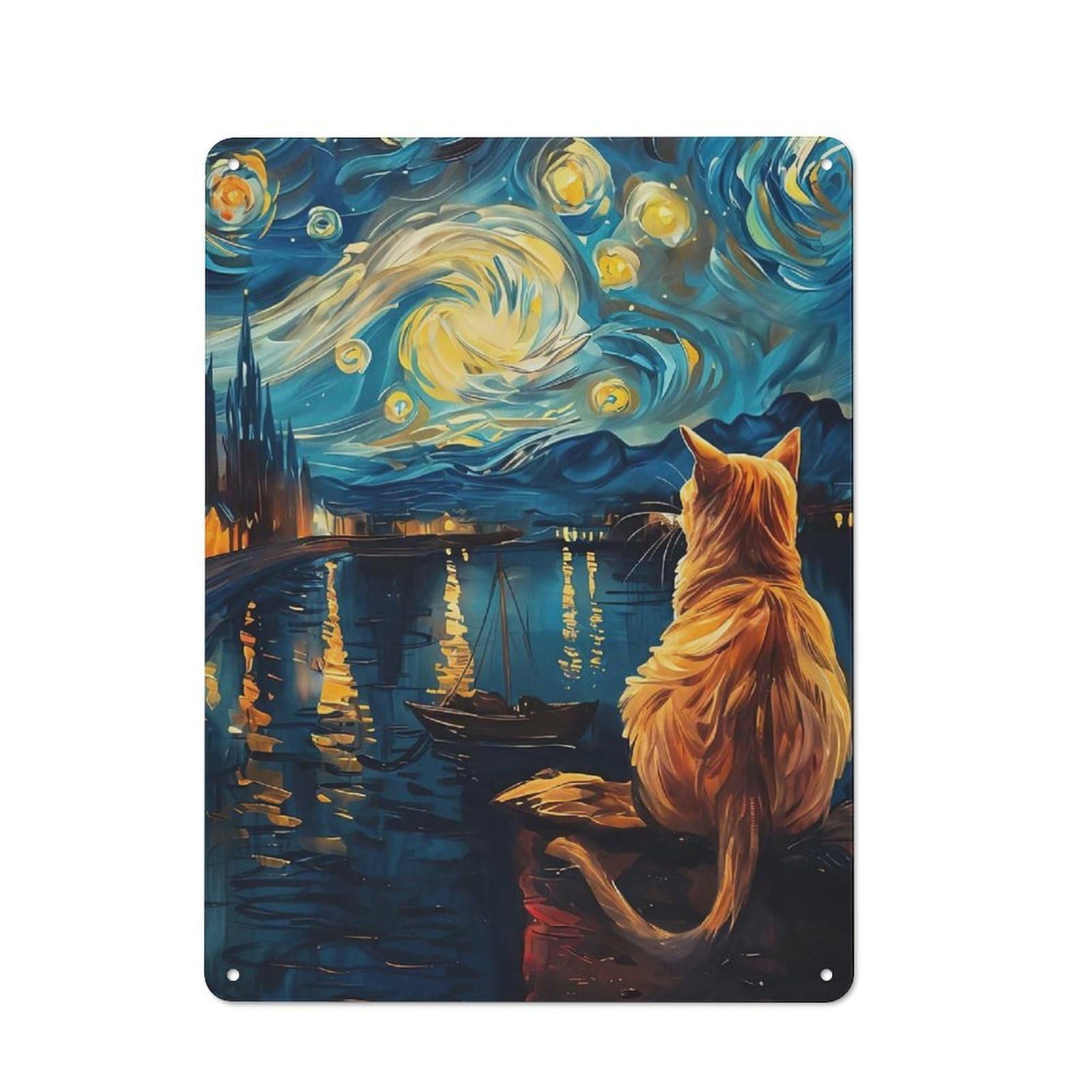 Junmoney Cat Under Starry Night Decorative Metal Plaque 40X30cm, Modern Retro Urban Room Decor For Workspace, Cafe, Hallway Or Garage
