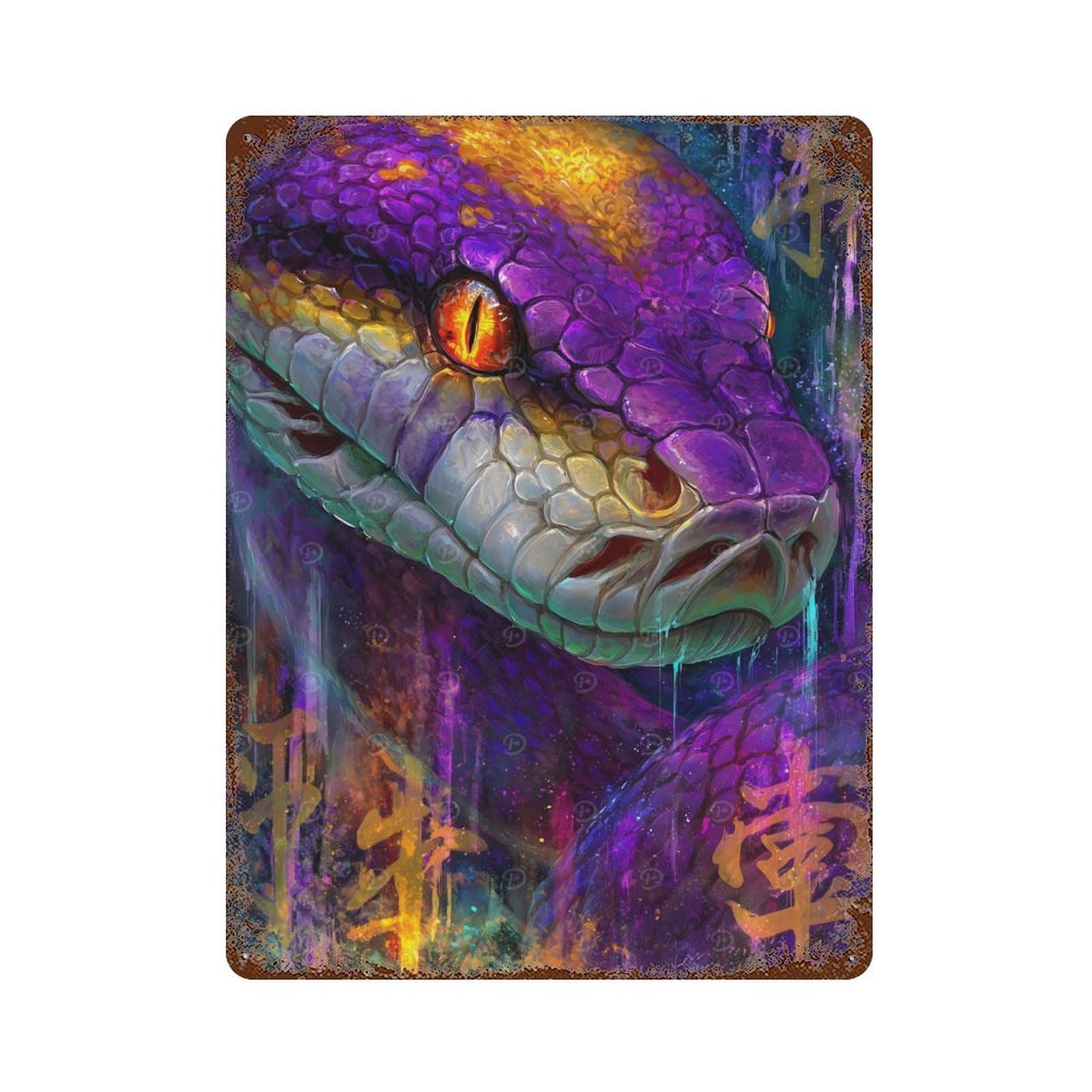 Colorful Snake Portrait with Asian Symbols Retro Metal Sign 15.7"x11.8", Classic Wall Plaque for Garage, Pub Or Kitchen