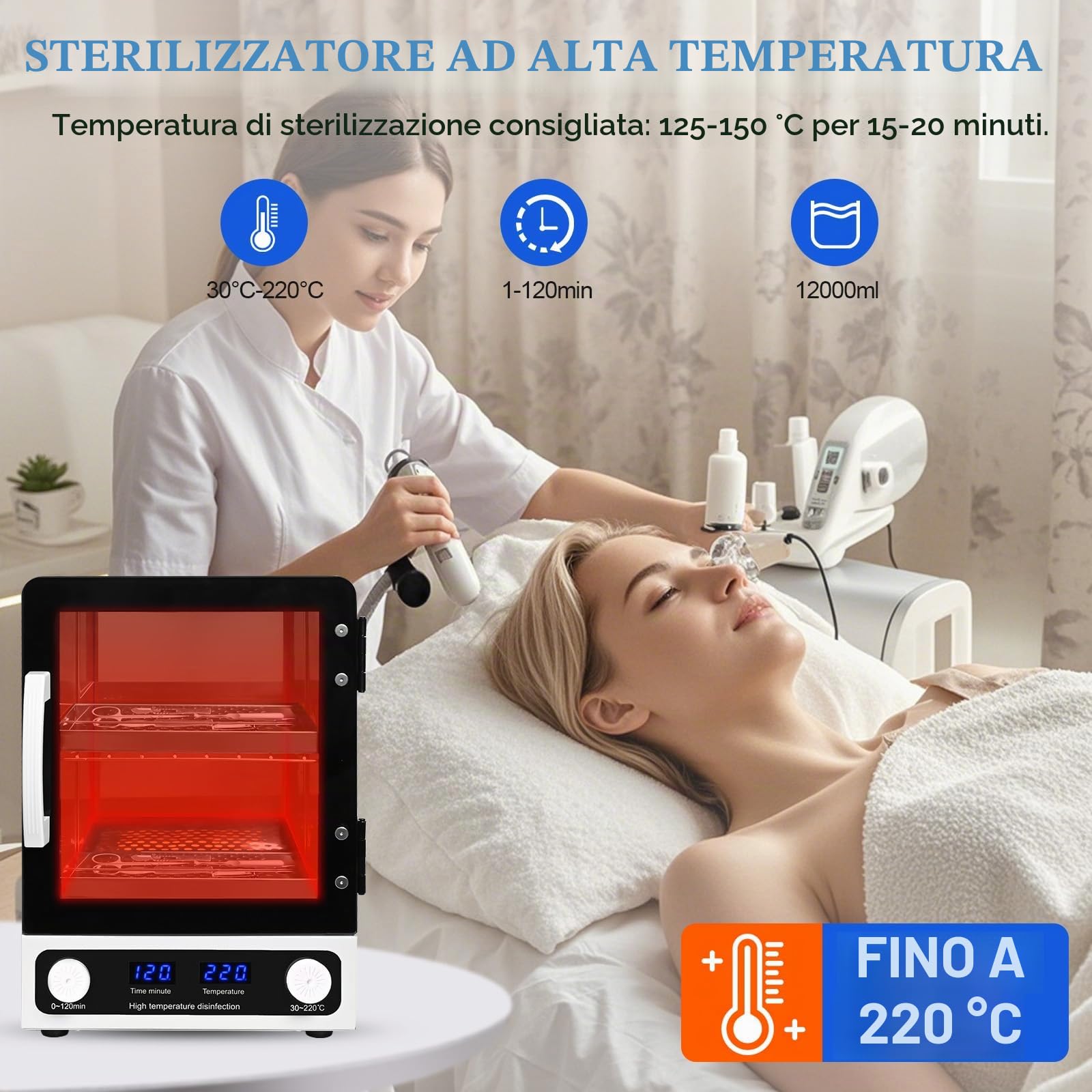 Sterilizzatore ad alta pressione 12 L, sterilizzatore ad aria calda 600 W a calore secco, display temperatura LED, per saloni manicure, pedicura, centri estetici e studi tatuaggi