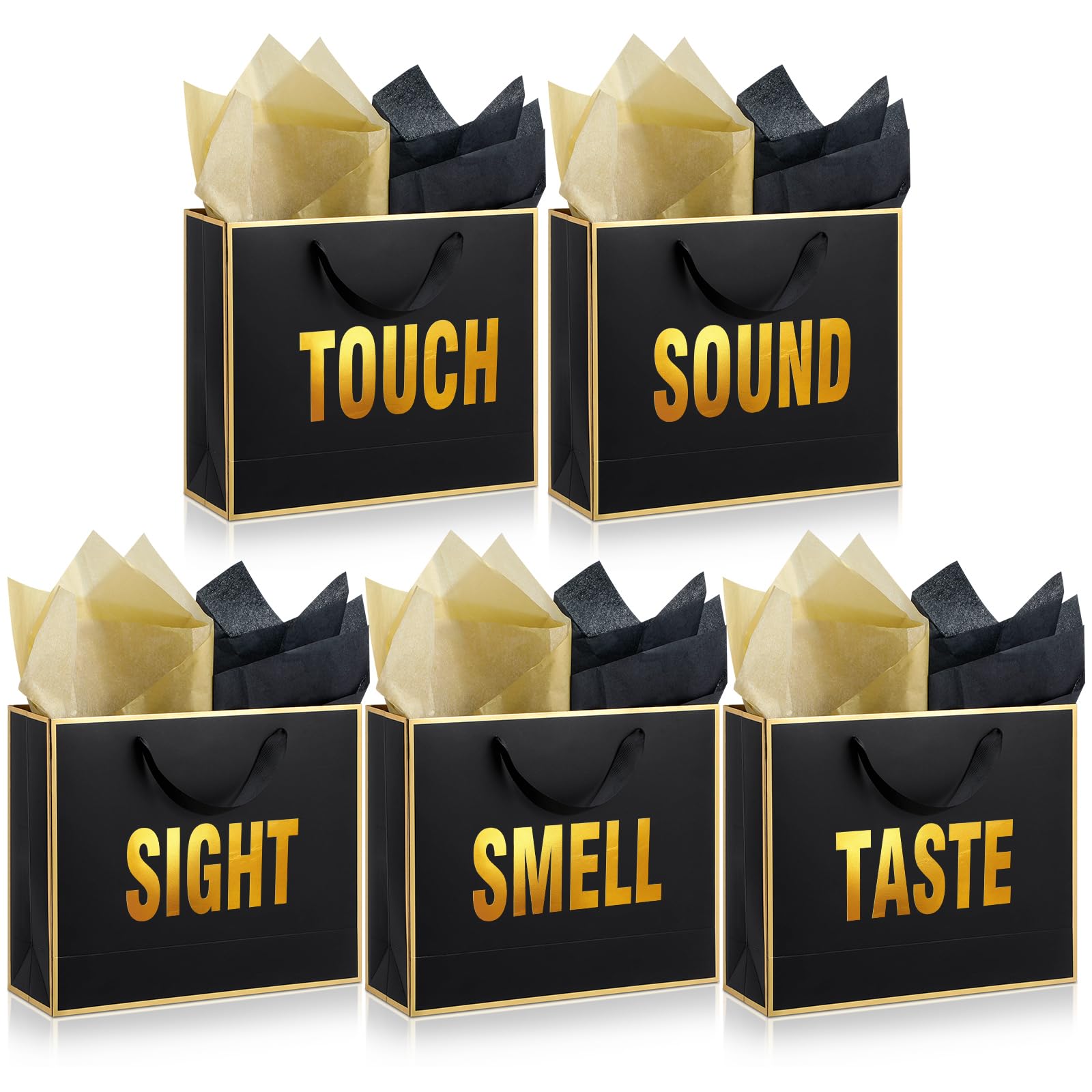 Kolldenn 5 Senses Gift Bags for Him Her Five Senses Gift Bag with Ribbon Handles and Tissue Paper Present Wrappings for Valentine Wedding Birthday Mothers Day(Black,15 x 10.6 x 4.7 Inch)