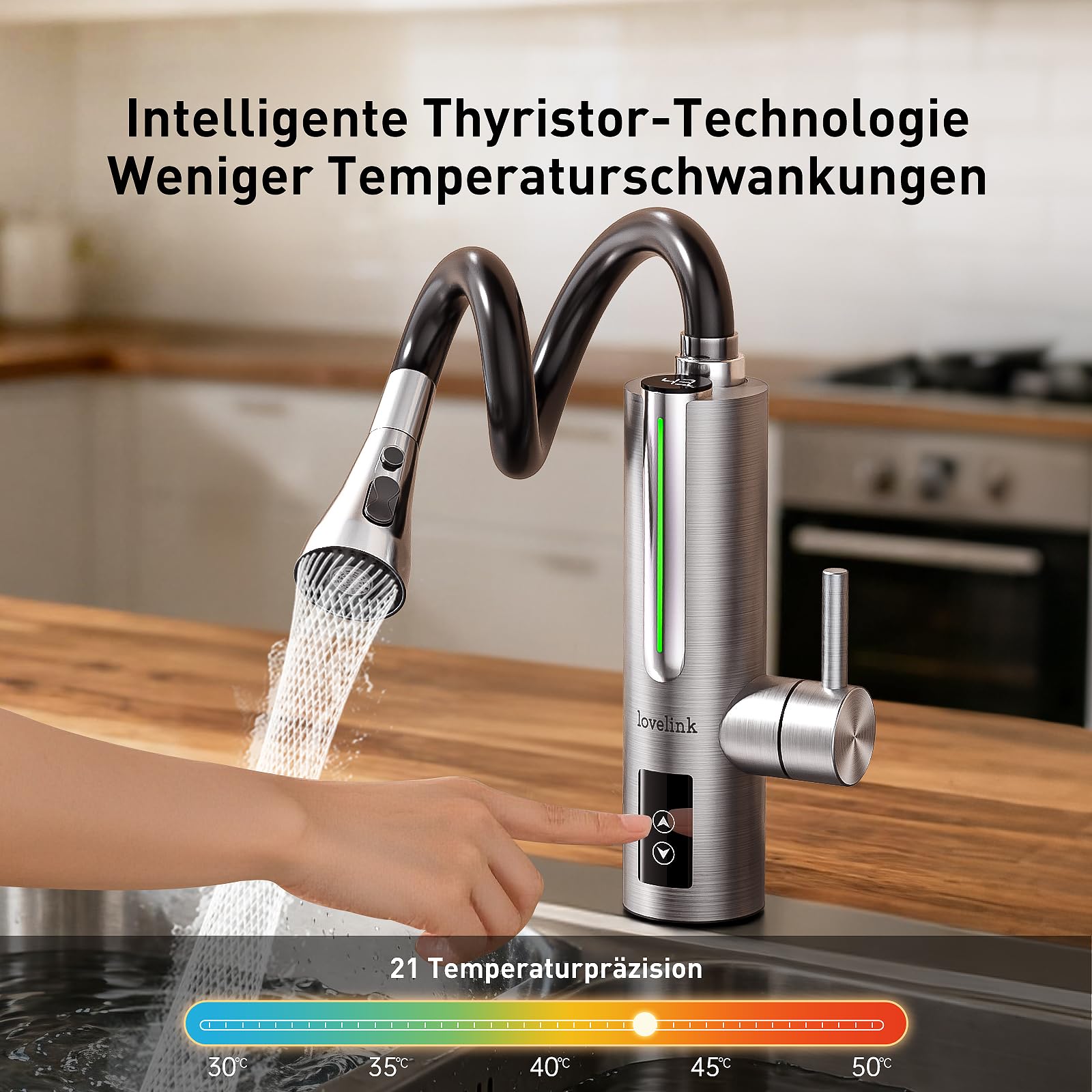 Lovelink Edelstahl Wasserhahn mit Durchlauferhitzer Touch-Temperaturregelung 360° Flexibler Schlauch Farbadaptiv LED Licht Elektrischer Durchlauferhitzer Wasserhahn für Küche/Bad/Balkon (Silber)
