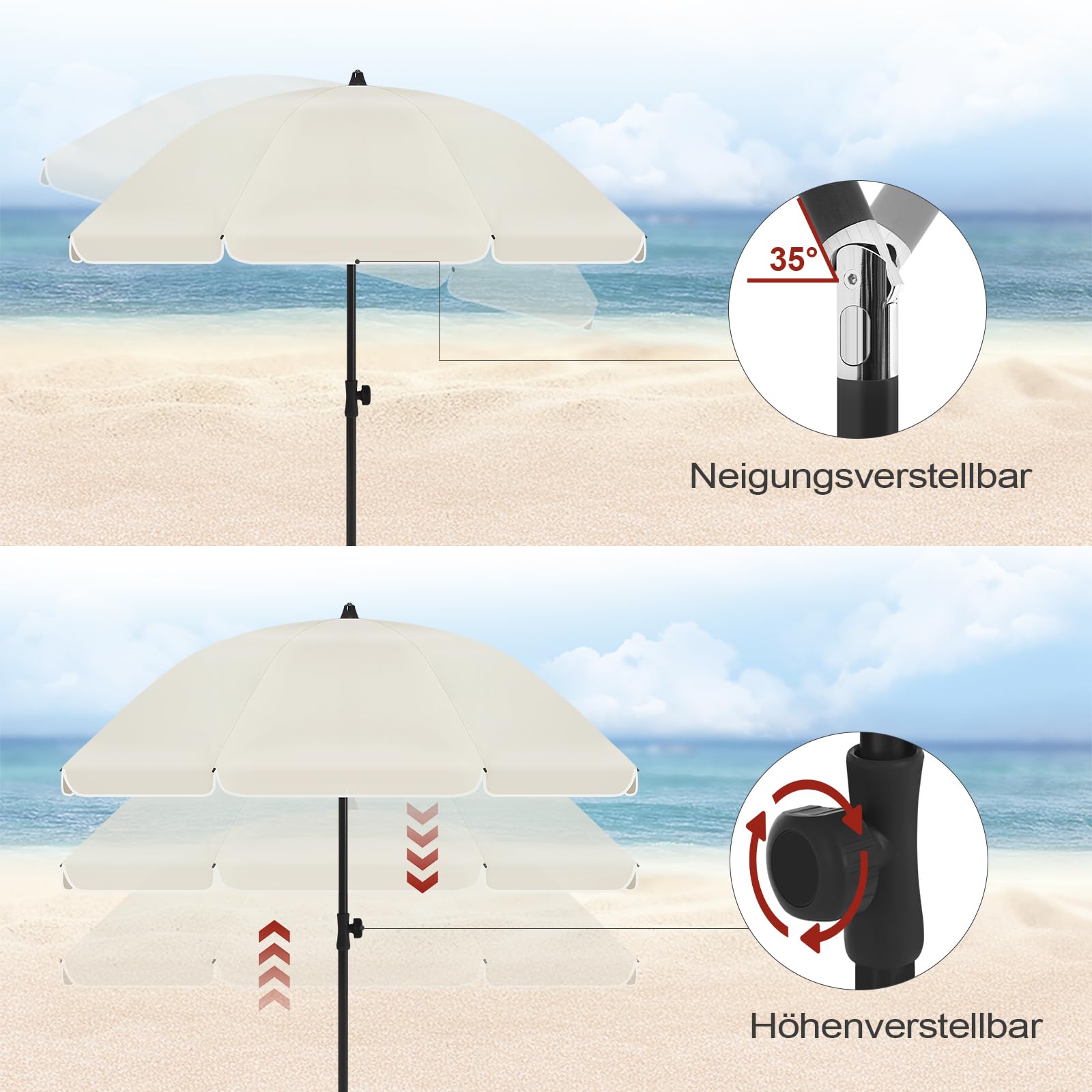 Laneetal Sonnenschirm Strand φ135/155/175 cm, UV-Schutz UPF 50+, höhen- und neigungsverstellbar, tragbar mit Tragetasche, runder Sonnenschirm für Balkon Garten Strand