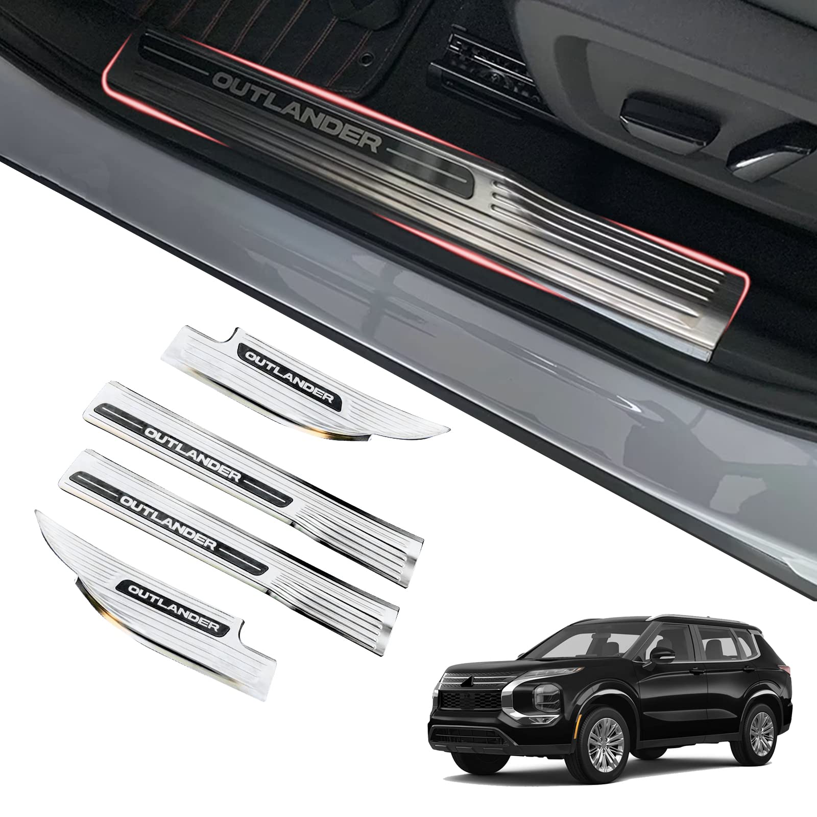 GZBFTDH Car Stainless Steel Door Sill Trim Plate, for Mitsubishi Outlander 2022 2023, Scuff Cover Guard Protector Accessories（Interior） (Black)