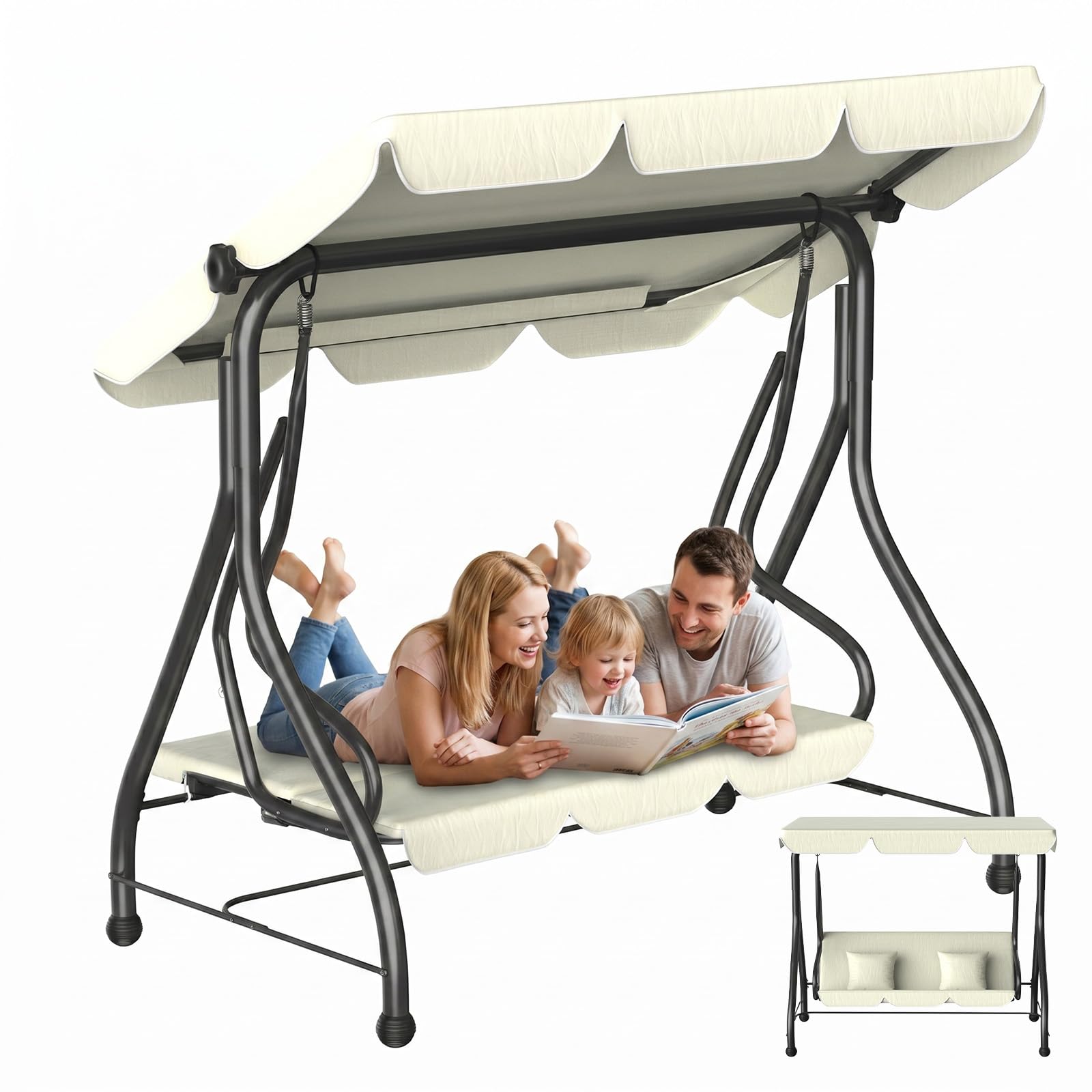 Huracan Balancelle de jardin 3 places, avec fonction allongée, coussin d'assise extra épais et auvent réglable, résistant aux intempéries, chaise longue de jardin, banc à bascule, fauteuil à bascule