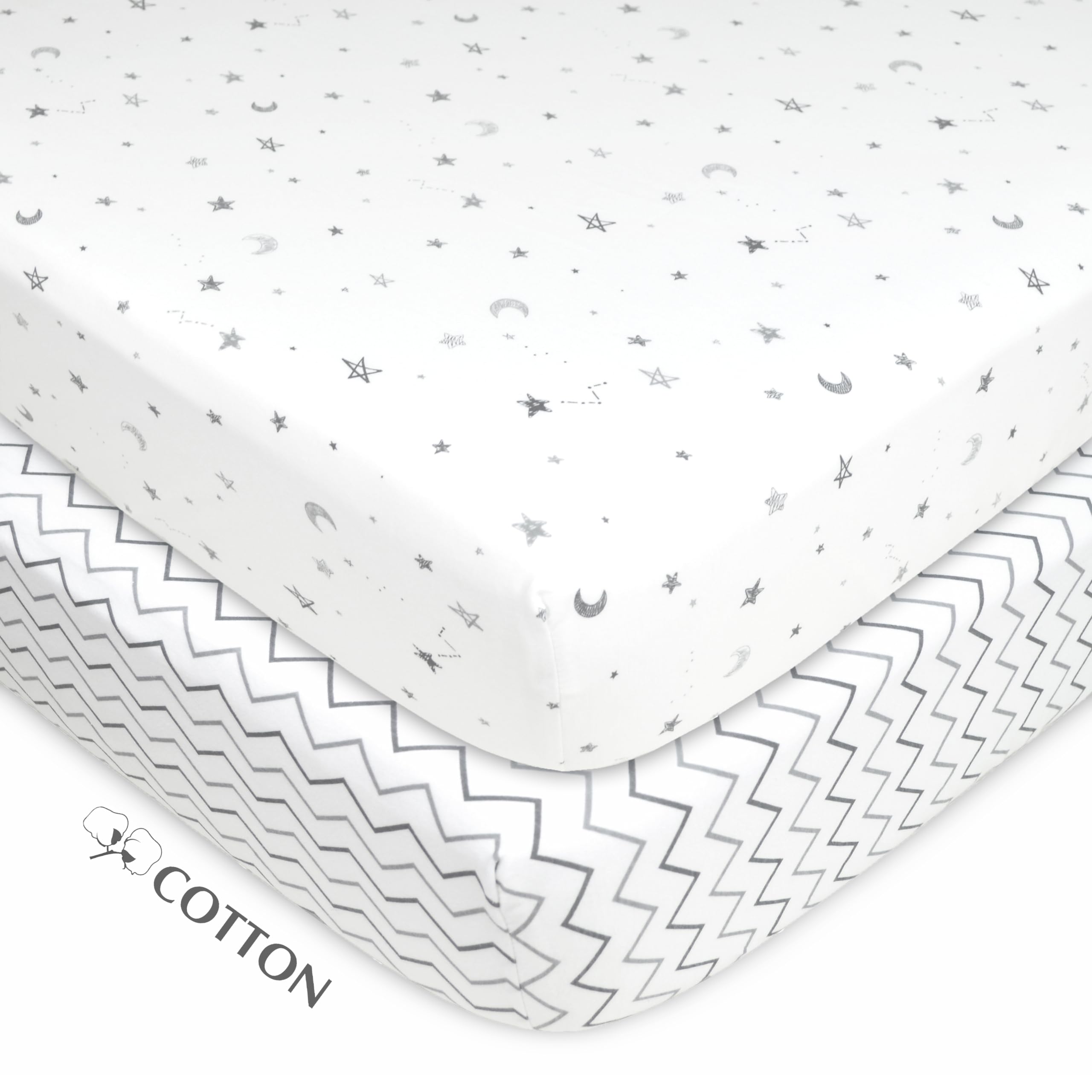 American Baby Company Confezione da 2 lenzuola con angoli per culla in 100% cotone naturale, 132 x 71 cm, morbide, traspiranti, ipoallergeniche e delicate, grigie a zigzag, neutre, per ragazzi e