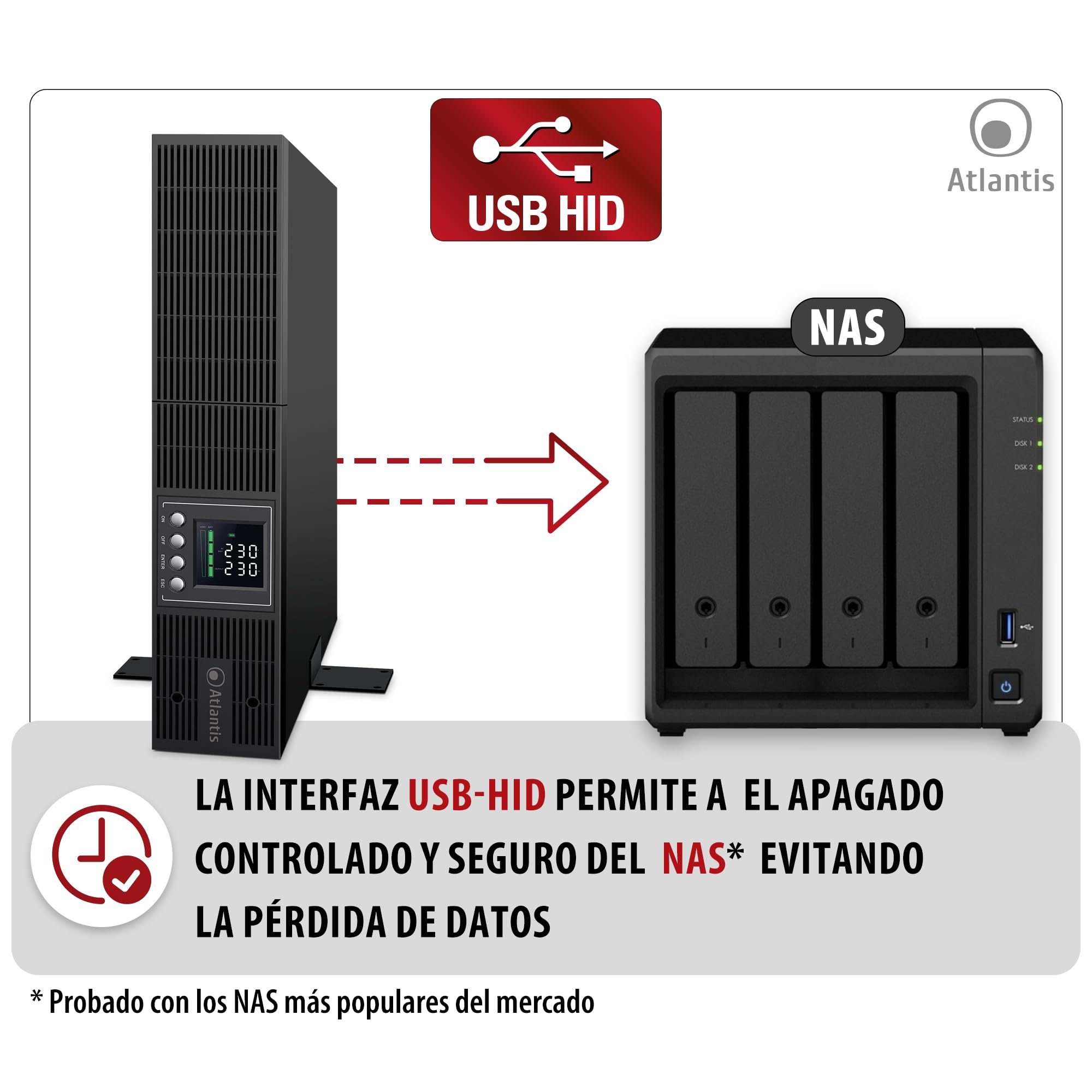 Atlantis A03-OP3002P-RC PRO UPS Sistema de alimentación ininterrumpida OnLine doble conversión onda sinusoidal pura 3000VA 2700W, servidor RACK, pantalla LCD, USB, RS232, 8 IEC, ranura SNMP, 6x12V 9Ah