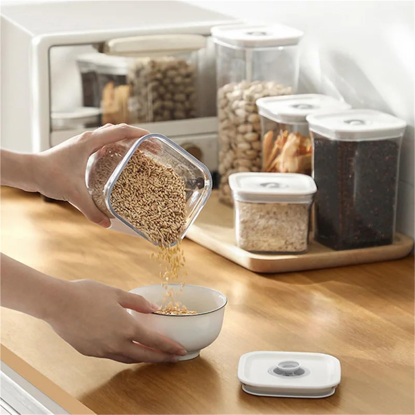Barattoli Per La Conservazione Tarro de almacenamiento de granos transparente cuadrado, tanque sellado, caja de aperitivos de frutas secas, latas, organizador de contenedores de plástico for cocina, 3