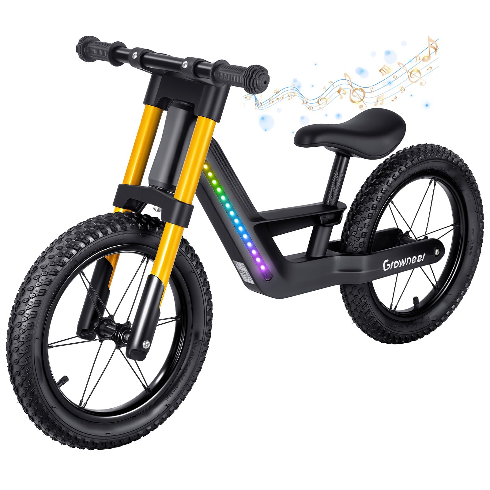 GROWNEER Kids Balance Bike with LED Lights and Music, 14" Lightweight Nylon Fibre Frame No Pedal Bike, Adjustable Seat, Pneumatic Tyres, First Bike for Boys Girls Aged 3-5 Years, Black