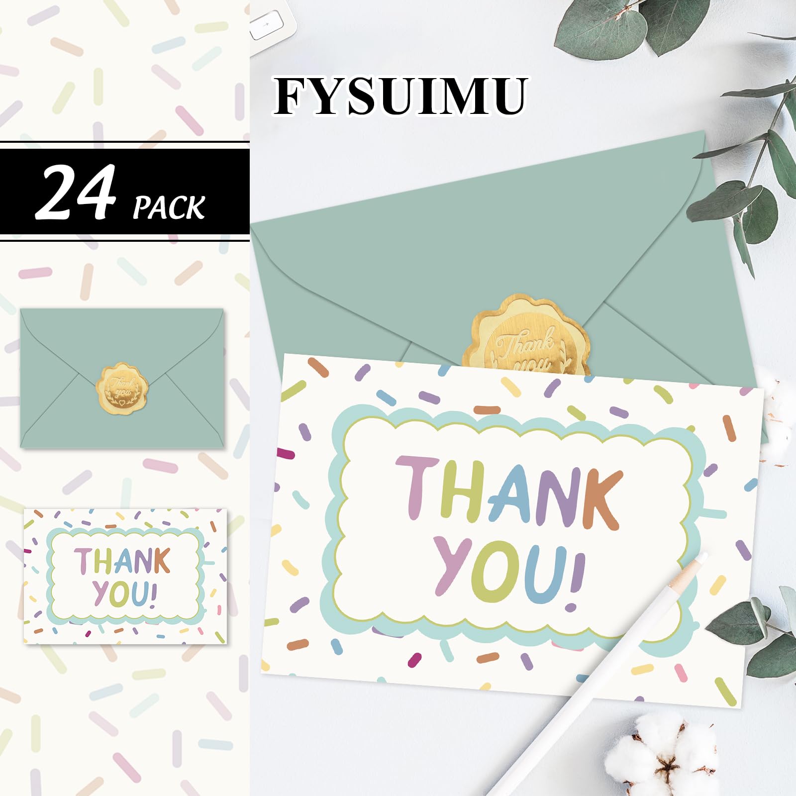 FYSUIMU Paquete de 24 tarjetas de agradecimiento a granel, coloridas tarjetas de notas en blanco con sobres, calcomanías de aluminio, tarjetas de felicitación para cumpleaños, baby shower, boda