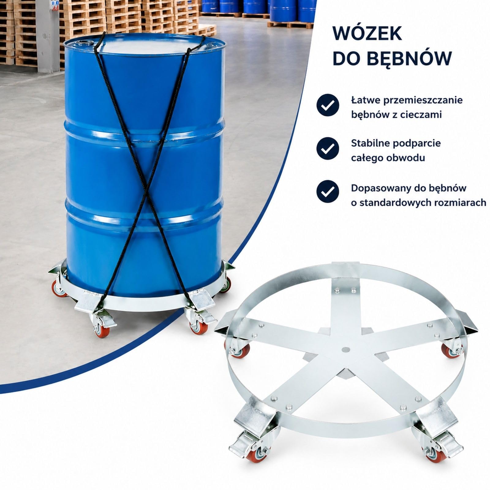 Mobilna podstawa wózkowa 250 l ze stali węglowej, 5 kół obrotowych, 2 hamulce, srebrny