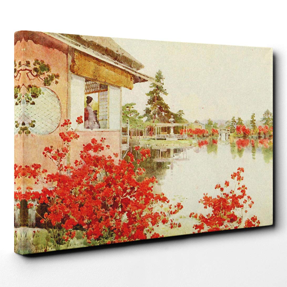 Ella Du Cane Japanese Oriental Azaleas, Nagaoka El Japon Canvas Print | Gallery Wrapped 30mm Frame Wall Art | 30x20 inches | Ready to Hang | Asian Picture | Living Room Bedroom Lounge Office