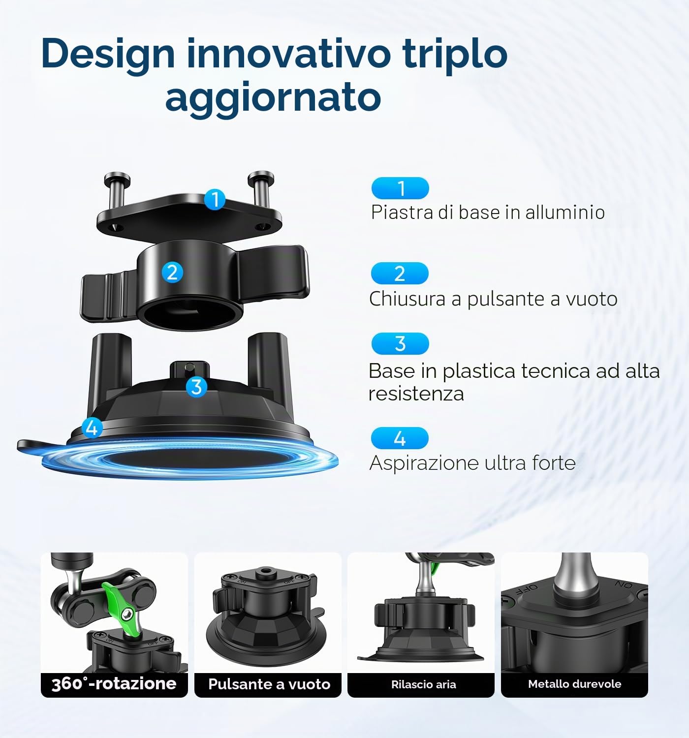 MAGIC JOHN Supporto per telefono da auto, girevole a 360°, forte aspirazione e morsetto stabile, per iPhone per Samsung, auto per smartphone da 4 a 7" (lungo)