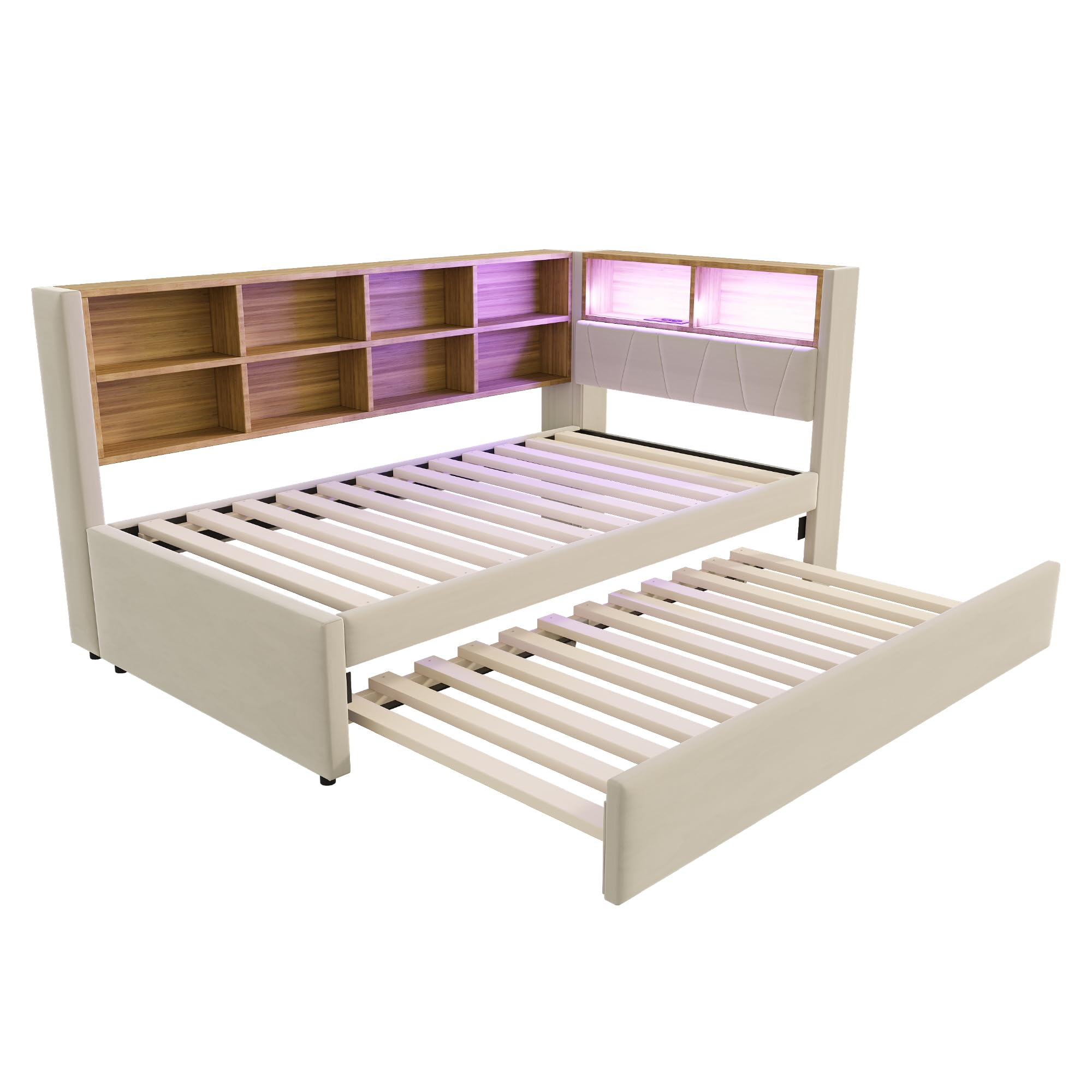Moimhear Divano letto 90 x 200, letto estraibile 90 x 190 cm, con presa USB e molti scomparti, letto imbottito, divano letto multiuso, letto singolo (beige)