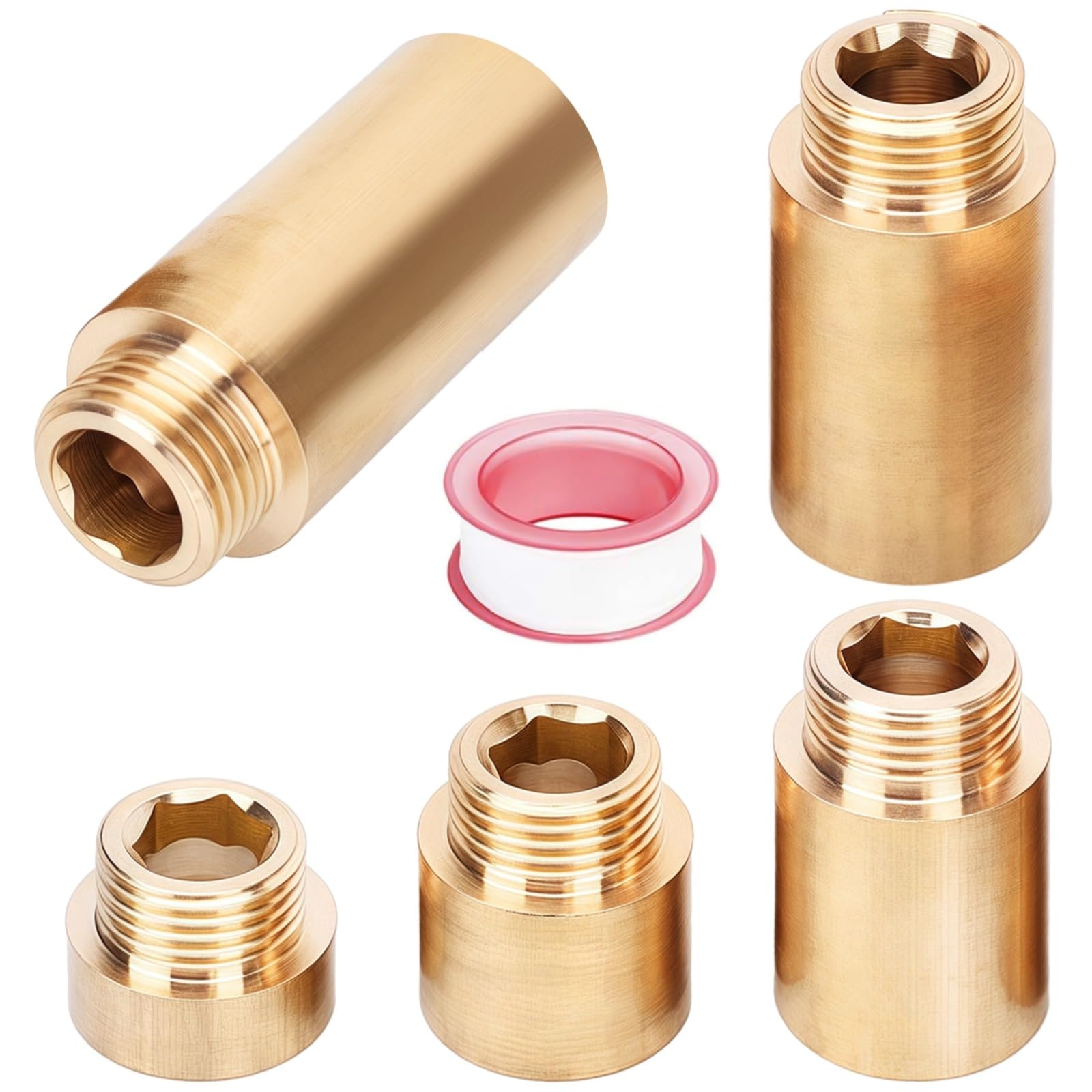 5 Stück Messing-Wasserhahn-Verlängerungsverbinder, Gewinderohrverlängerung, Mit PTFE-Band, Verschiedene Größen für Warm und Kaltwassersysteme, Einfache Installation und langlebig, Brass