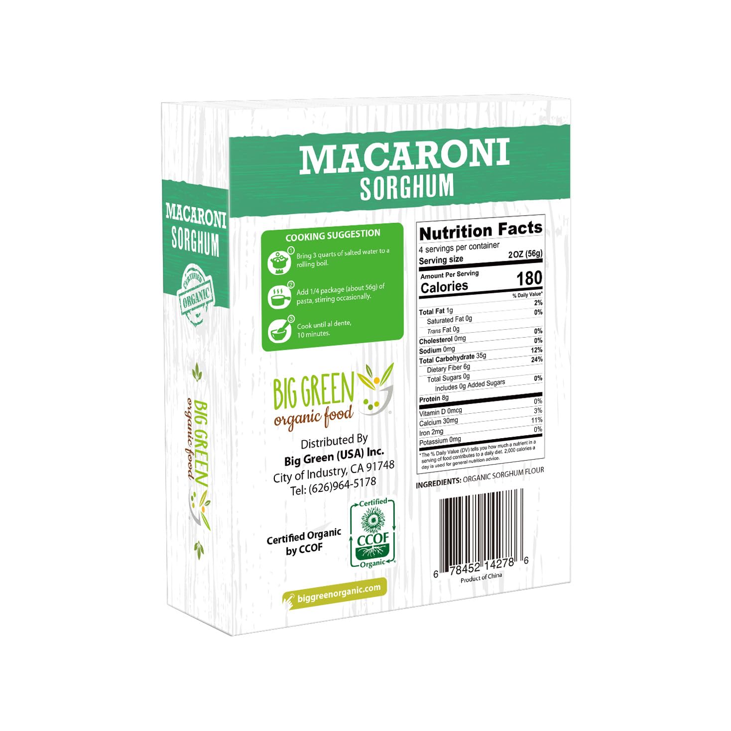 Big Green Organic Food- Organic Sorghum Macaroni, 8.8oz, Gluten-Free, Non-GMO, Vegan (1)