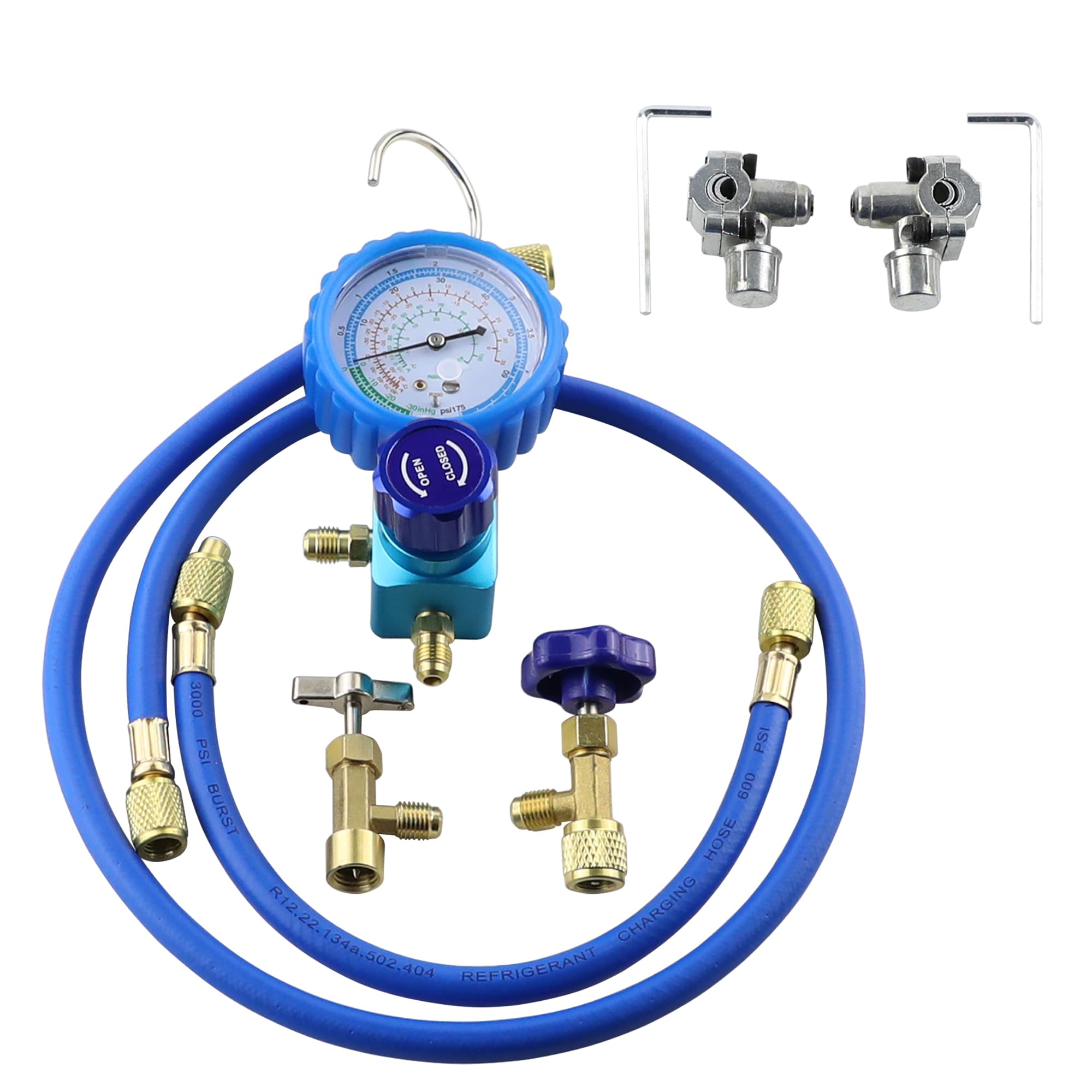 Wisepick R290 and R600A Charging Manifold Hose and Single Gauge Set with 1/2" Acme Can Tap and BPV31 Bullet Piercing Valves