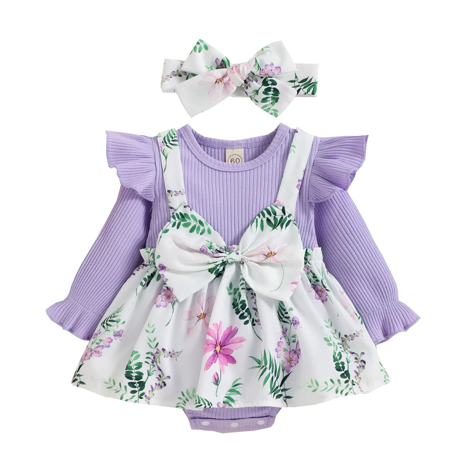 Newborn Baby Girl Clothes Christmas Romper Dress Long Sleeve Bodysuit Plaid Suspender Skirt Dress Fall Winter Outfit(Purple,3-6 Months)