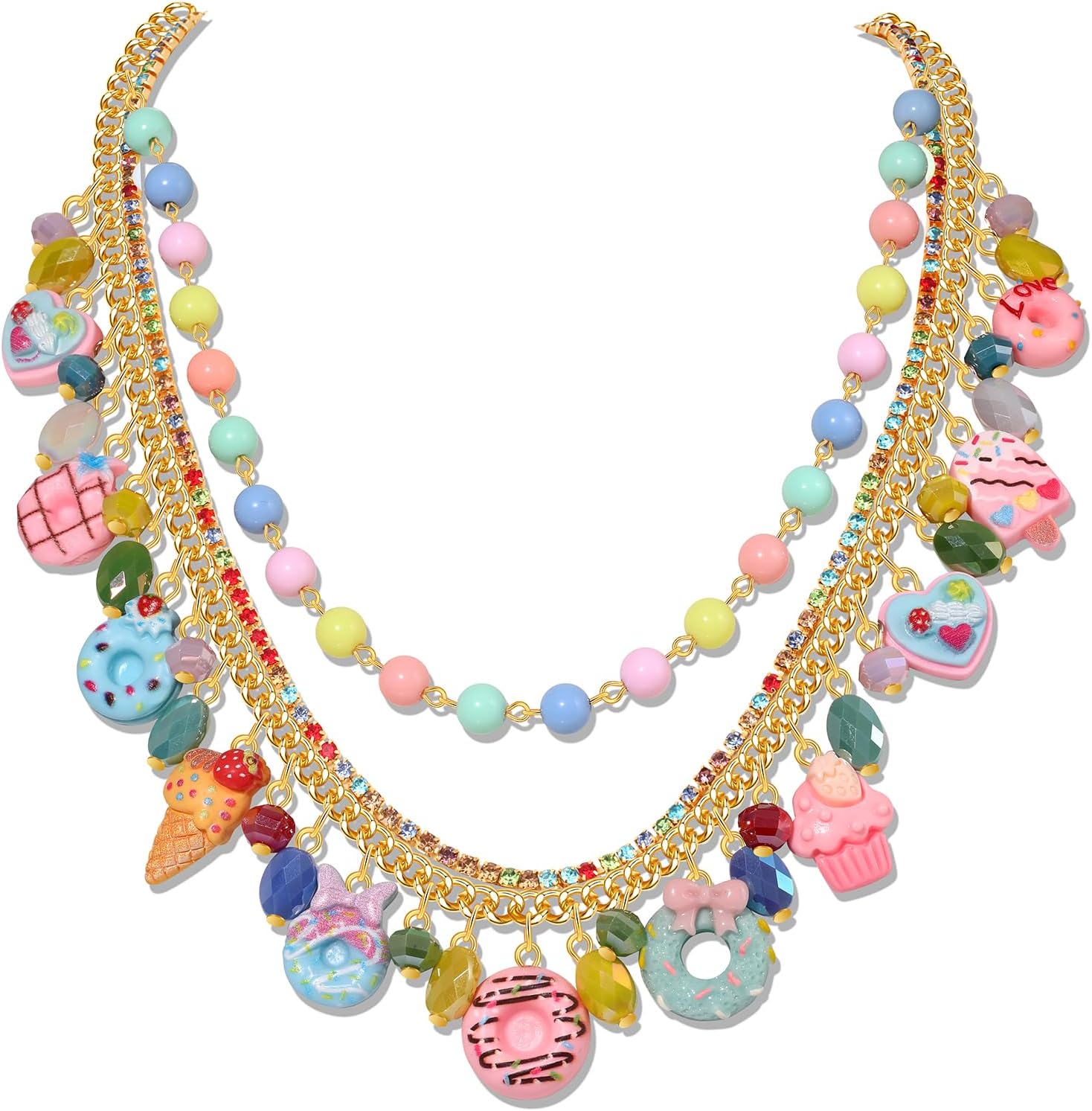 Donut Layered Necklace for Women Novelty Colorful Crystal Beads Sweet Donut Cake Ice Cream Dessert Food Pendant Choker Necklace Funny Weird Cute Birthday Holiday Party Jewelry Gift