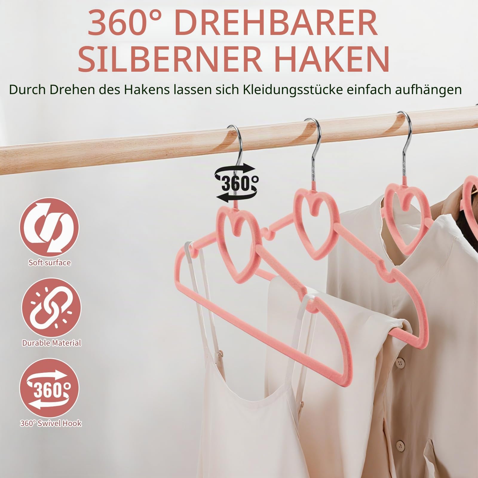 Samt-Kleiderbügel, niedliches Herz, mit 360-Grad-Drehhaken, rutschfester, dünner Filz-Kleiderbügel für Erwachsene, Mantel, Kleid, Hemd, Jacke, Hose, im Schrank, 50 Stück