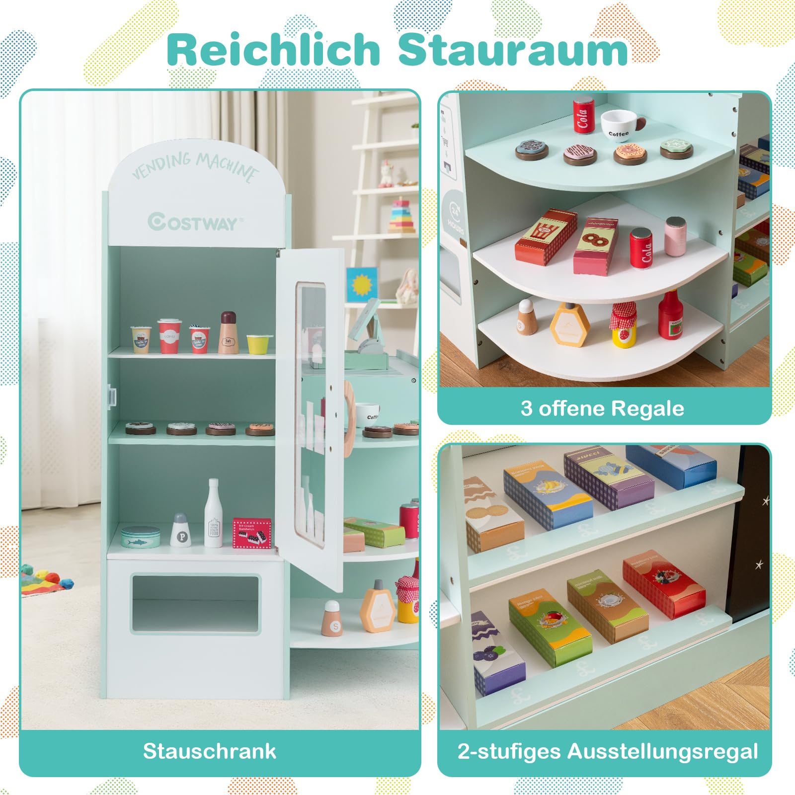 COSTWAY Kinder Kaufladen, Kaufmannsladen aus Holz mit Seitentheke, Supermarkt-Set mit Kasse, POS-Maschine, Verkaufsautomat & Kreidetafel, Einkaufsladen Verkaufsstand für Kinder ab 3 Jahren (Minzgrün)