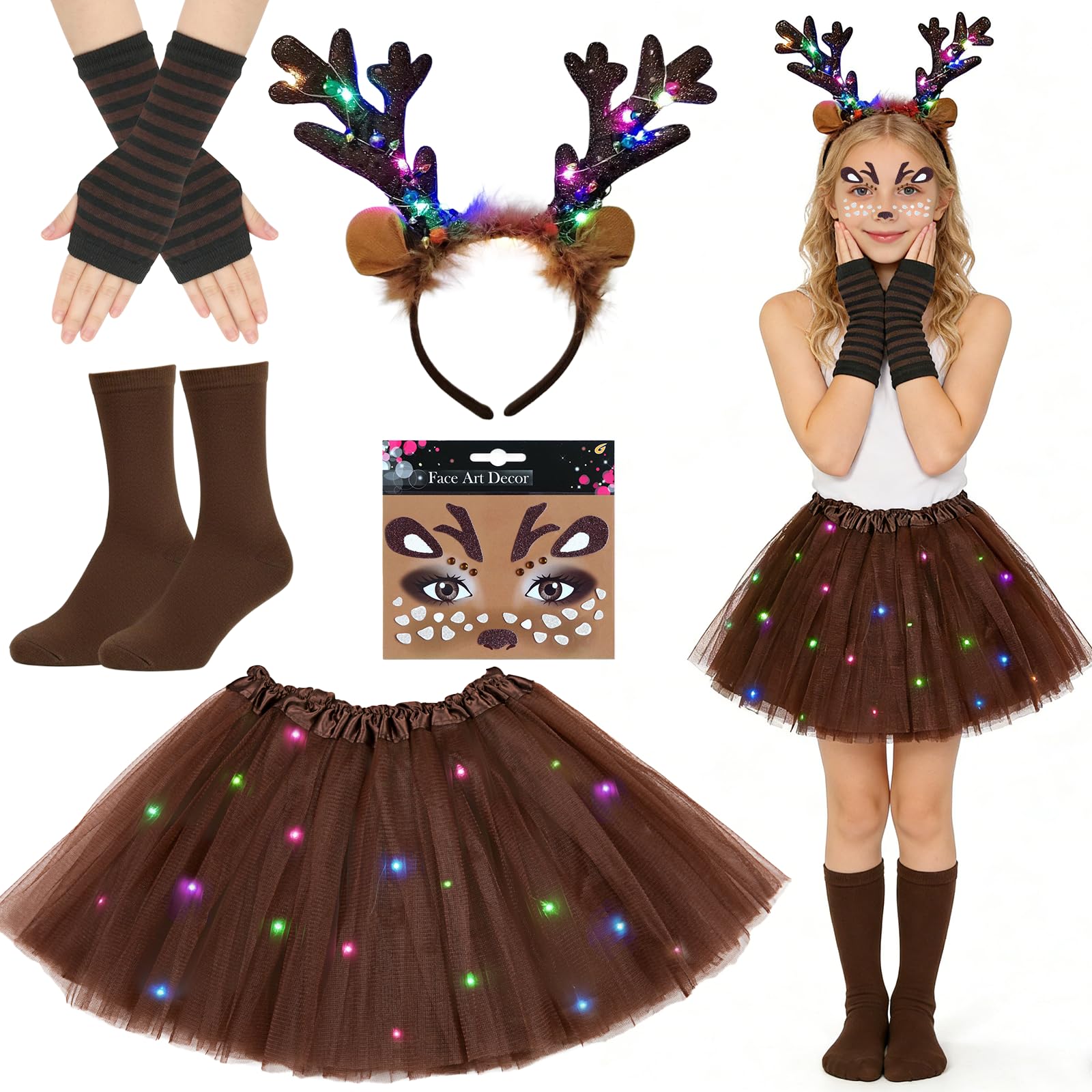 Xerteam 5 Teiliges Rentier Kostüm Kinder, LED Tutu Rock mit Stirnband FliegeSchwanz Fliege Applikationen Socke, Niedliches Reh Kostüm Accessoires für Halloween Karneval Geburtstag