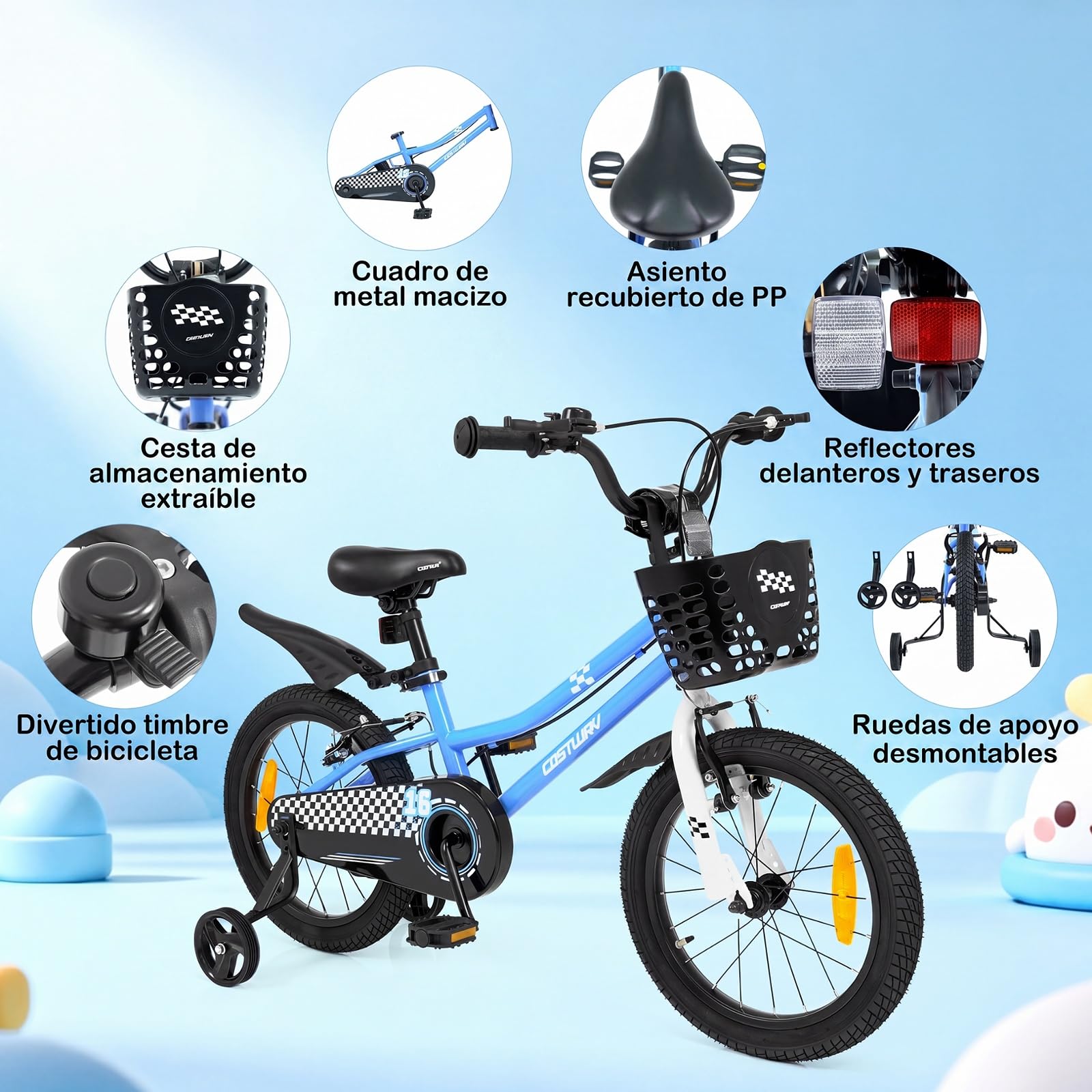 COSTWAY Bicicleta Niños 14/16 Pulgadas, Bicicleta Infantil con Ruedas Estabilizadoras Desmontables, Freno de Mano y en V, Asiento y Manillar Ajustables, Cesta y Campana