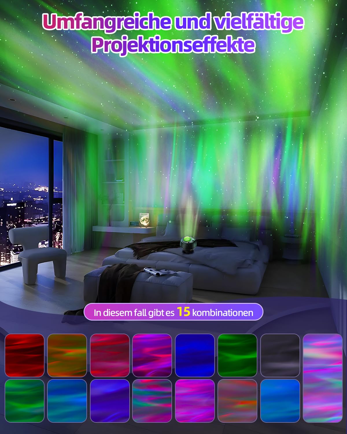 Der größte Abdeckungsbereich Sternenhimmel Projektor,Led Polarlicht Lampe mit 15 Kombinationen,60 Lichteffekte,Ferngesteuertes Nachtlicht mit Bluetooth-Lautsprecher,Timer