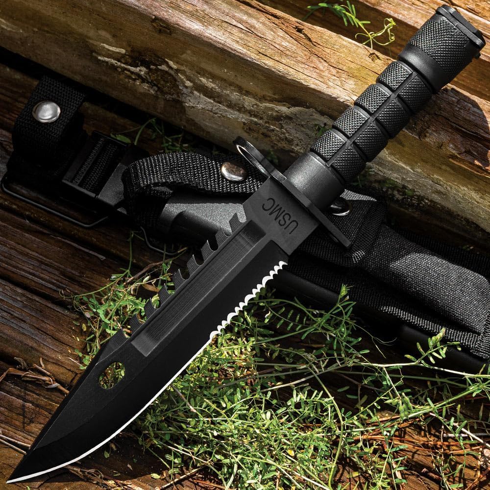 USMC Fixed Blade M9 Knife and Sheath | Officially Licensed, 12" Stainless Steel Blade with Non-Reflective Finish | Sawback Spine | TPU Handle | Includes Nylon Sheath | Overall Length 12"