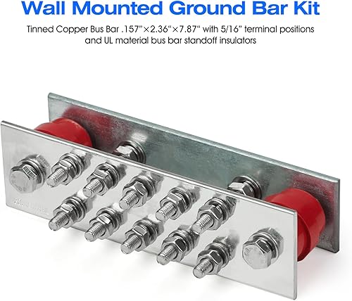 Miniatura 5 de Kit de barra de tierra de cobre montada en la pared con puntos de conexión a tierra ajustables de 14 pulgadas, barra colectora eléctrica siempre