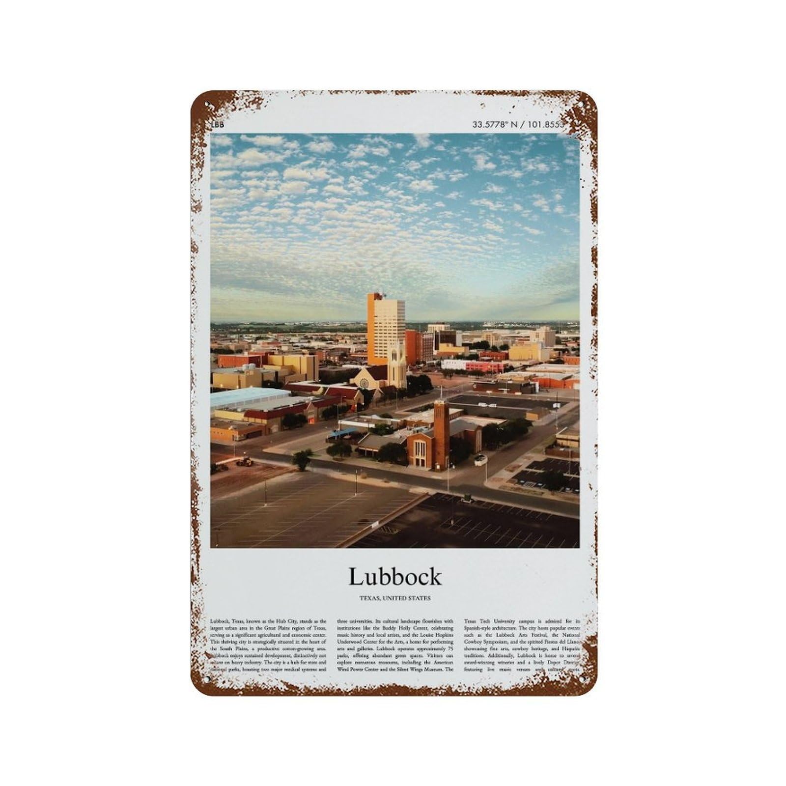 xiaoxiaoshen Lubbock Texas, United States, USA City Scenery Wall Decor Art Metal Tin Poster Modern Home Decor Art Home Bar Shop Decorations Vintage Sign 30x20cm