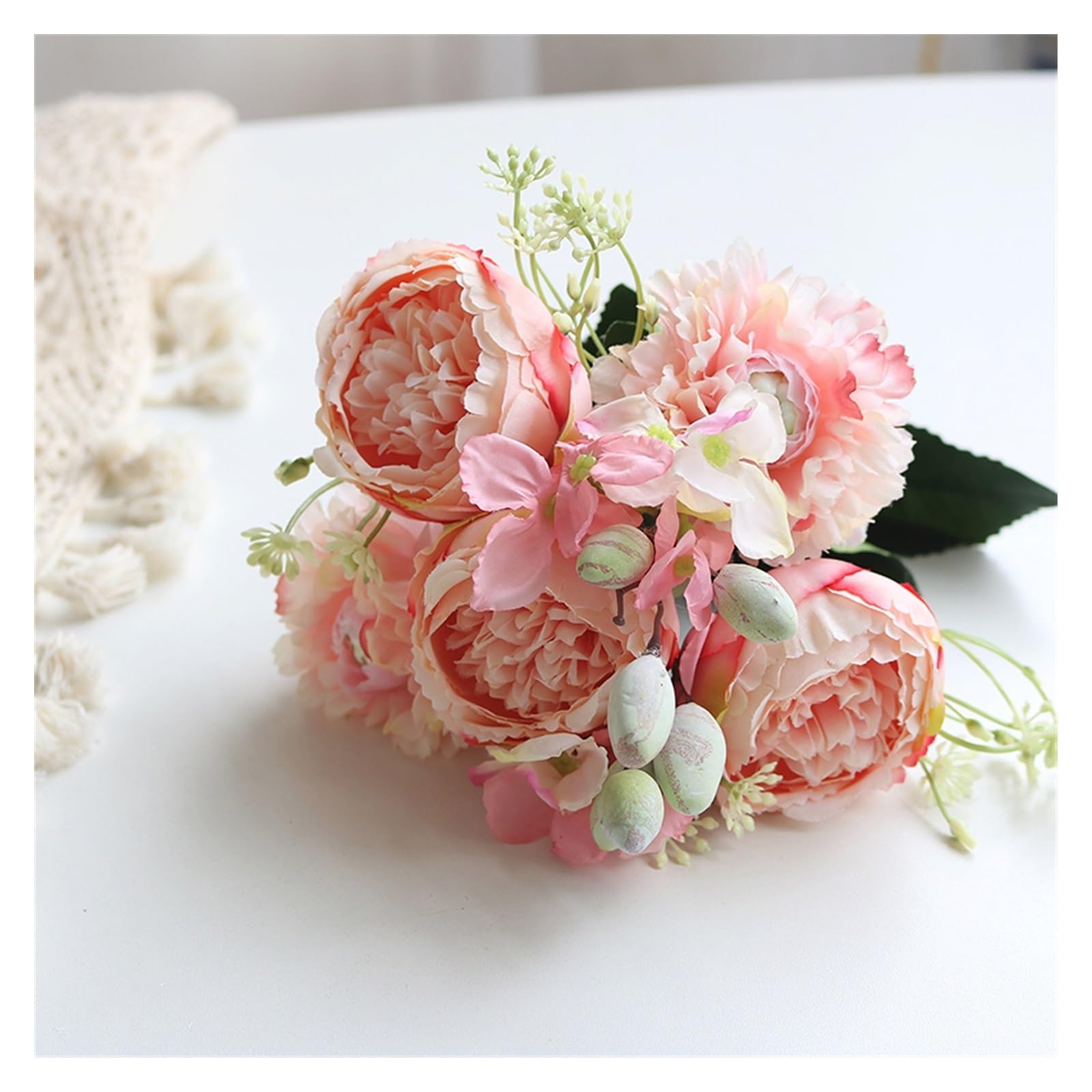Gv8pA5fj7b Ready Arranged Flowers in Vase White Silk Rose Artificial Flowers Bouquet Wedding Home Decoration Fake Peony Flower Arrangement(C)