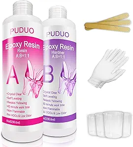 Epoxy Resin Crystal Clear Kit for Art, Jewelry, Crafts, Coating- 16 OZ Including 8OZ Resin and 8OZ Hardener | Bonus 4 pcs Measuring Cups, 3pcs Sticks, 1 Pair Rubber Gloves by Puduo