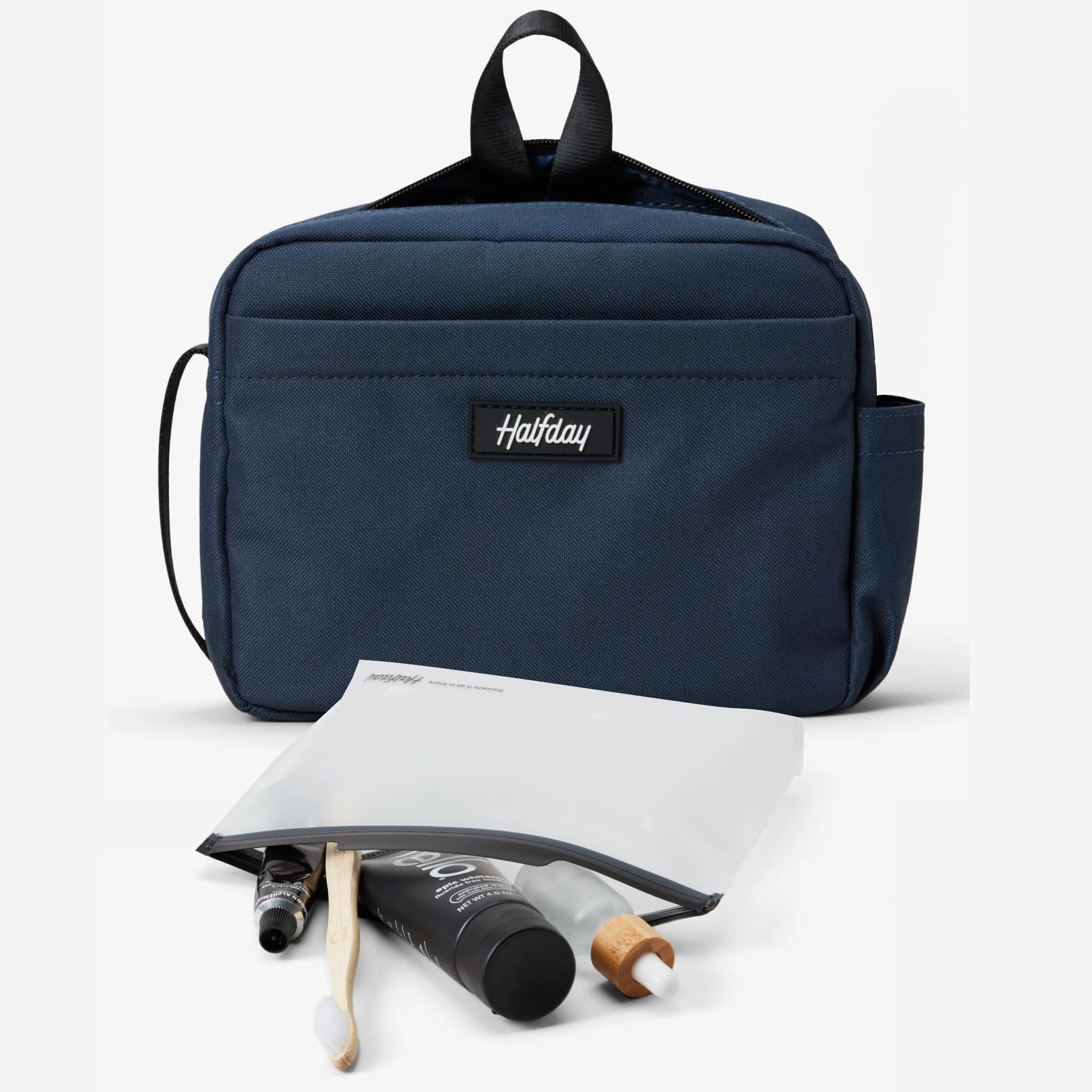 Sidecar - Kit de aseo – Kit de viaje compacto con bolsa impermeable, bolsillos de malla, soporte para cepillo de dientes y lazo para colgar – Organizador de neceser para hombres y mujeres, Azul