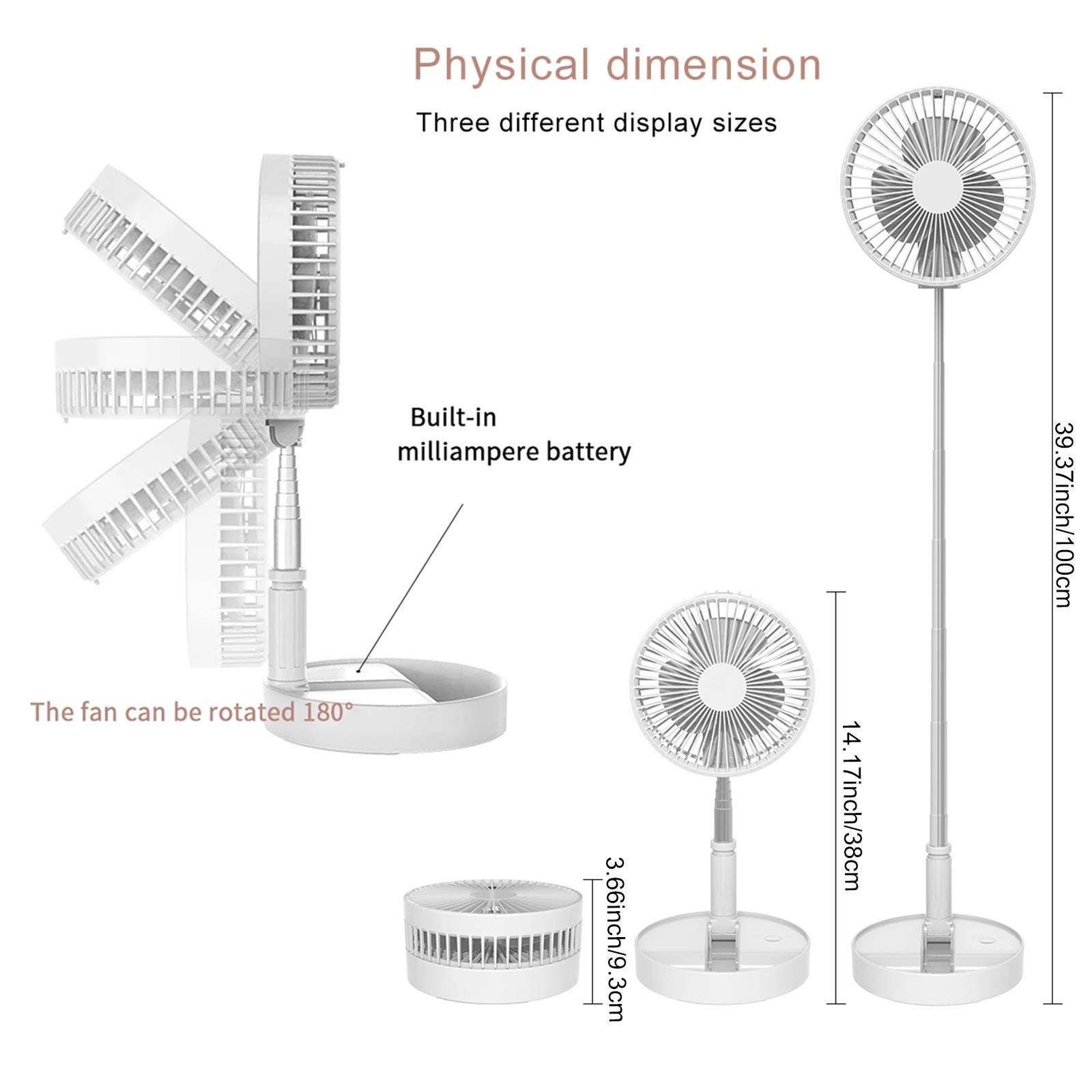 Ventilatore elettrico pieghevole telescopico, Ventilatore da tavolo USB portatile, con batteria ricaricabile da 3600 mAh, piedistallo regolabile 4 velocità silenzioso/ ​telecomando (Bianca)