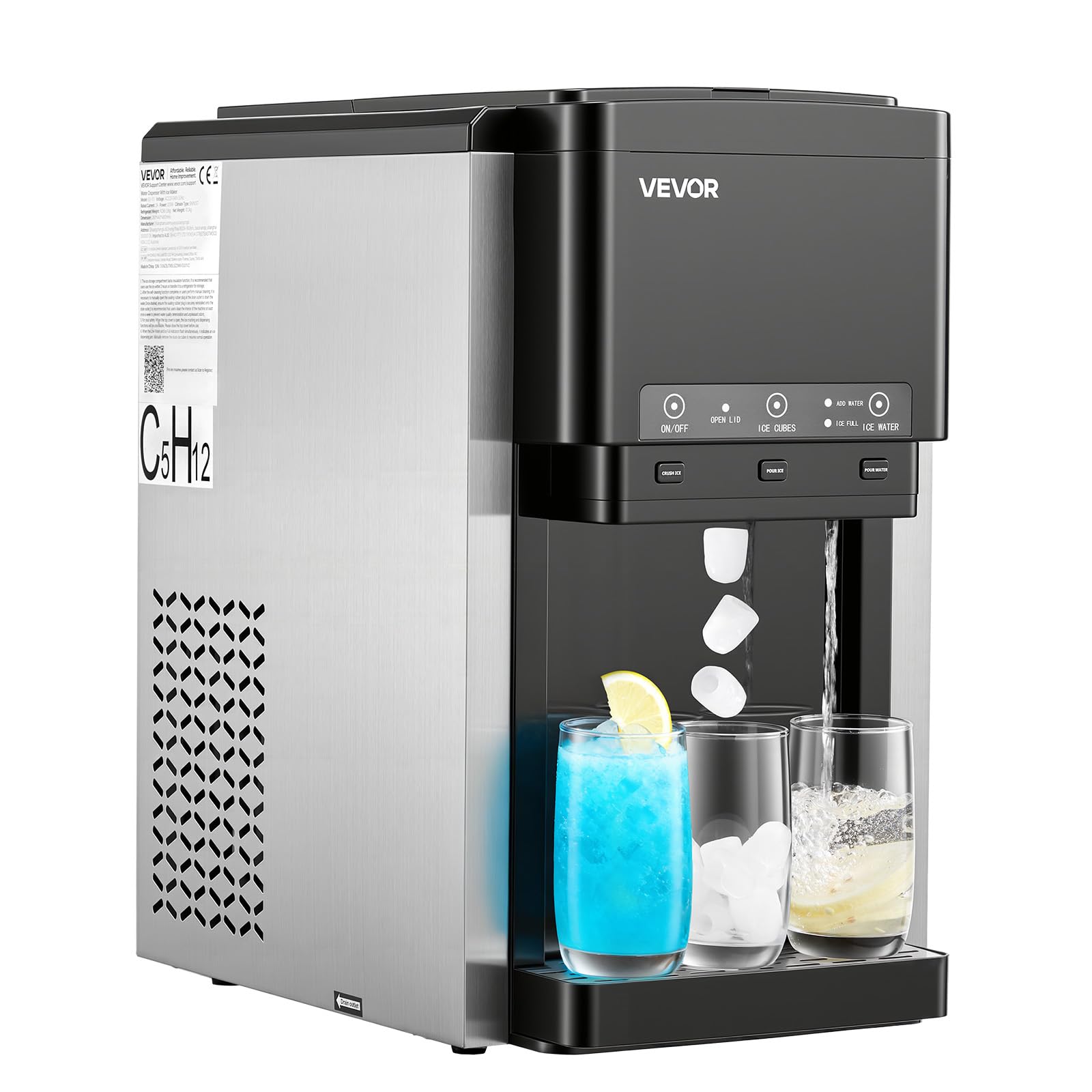 VEVOR Macchina Ghiaccio da Tavolo Multifunzione, Distributore d'Acqua da Tavolo, Produzione Rapida con Contenitore di Stoccaggio, Ghiaccio Sferico o Tritato e Acqua Fredda, per Feste in Cucina