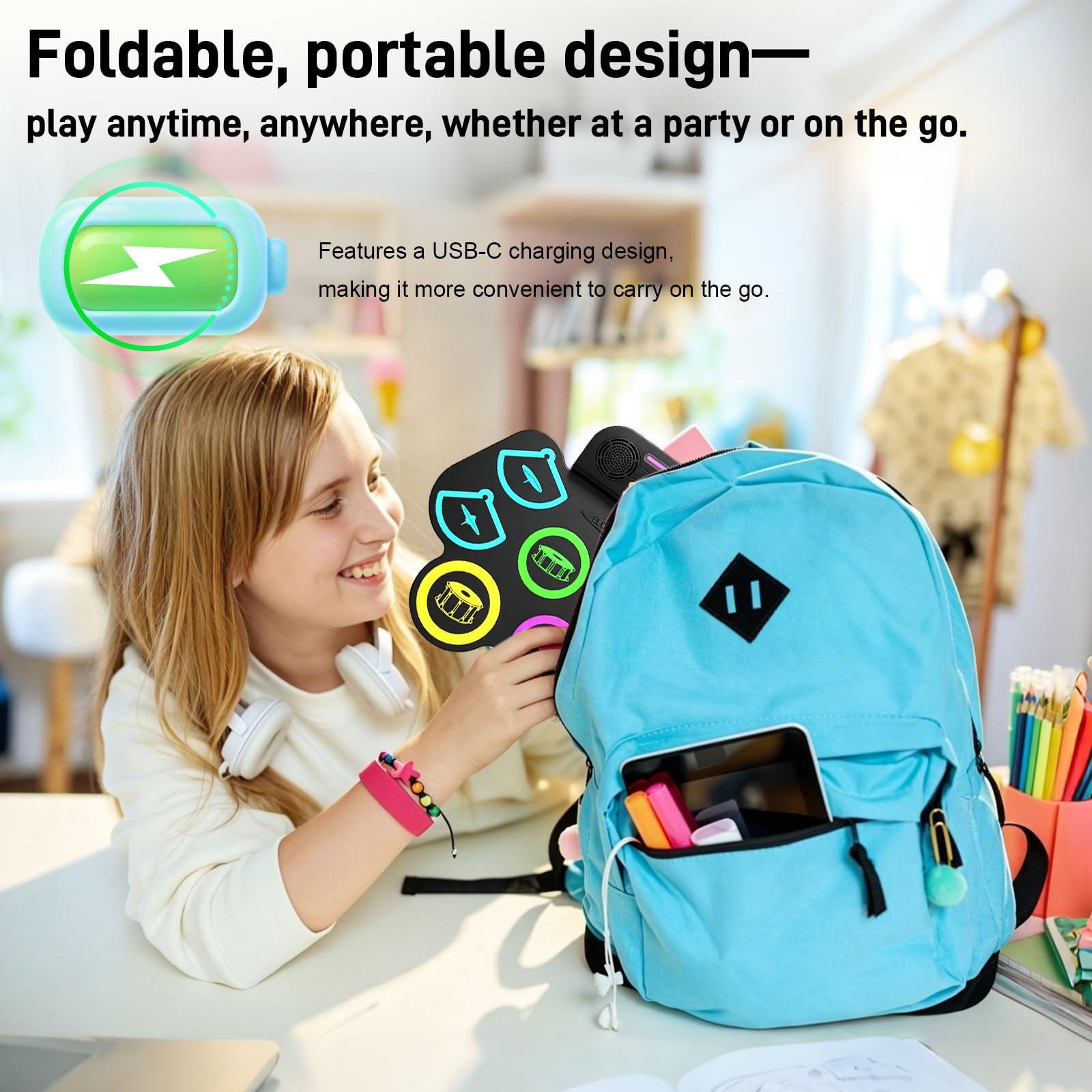 Set di batteria elettronica a 9 pad, con due pedali e bacchette, kit E-Drum portatile arrotolabile in silicone, adatto a bambini e principianti, regalo ideale strumento musicale